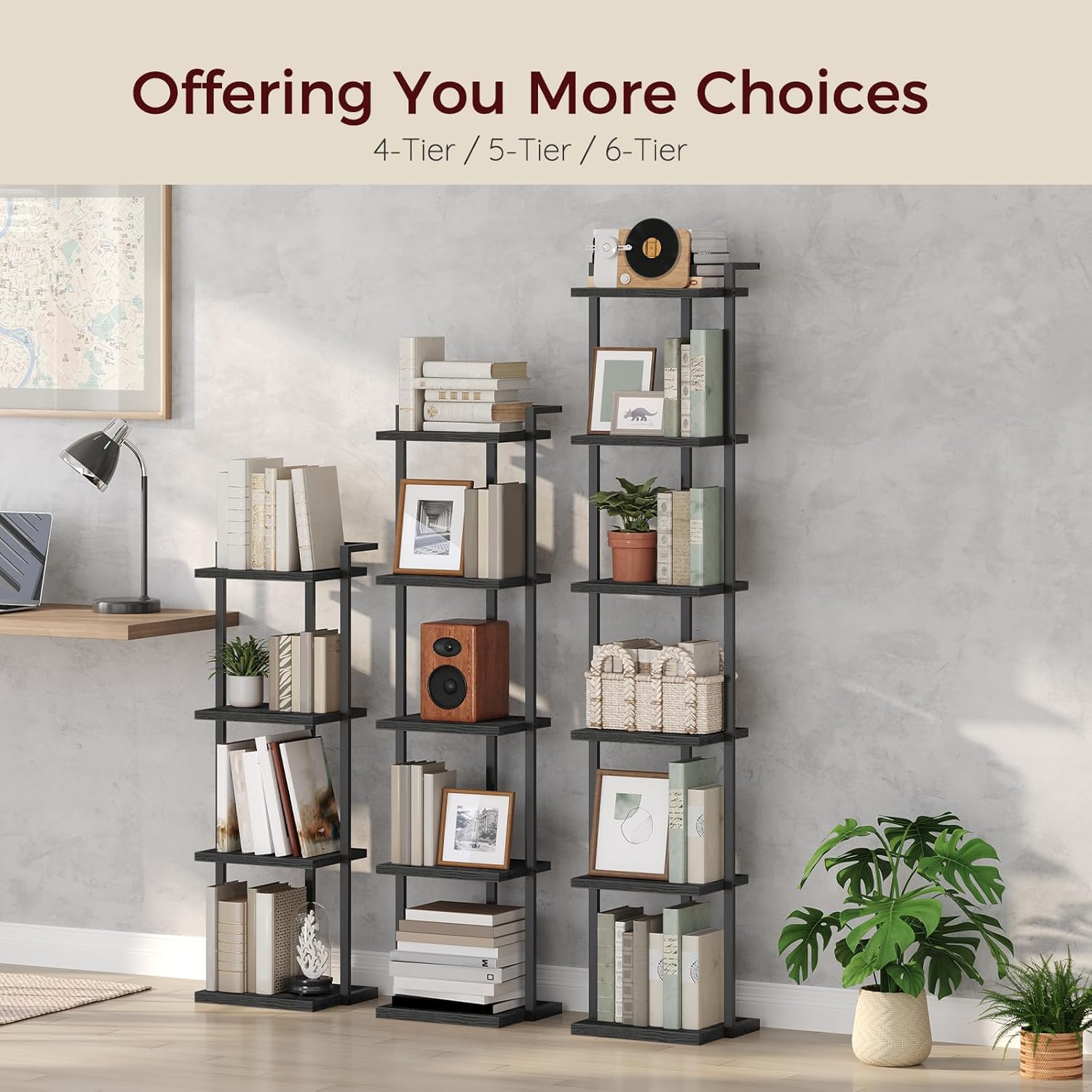 Bookshelf, 6-Tier Bookcase, Vertical Tall Narrow Book Shelf for Small Space, Open Storage Display Shelf with Stable Base & Anti-Tip Kits, for Living Room, Office, Study, Black BKBK11601