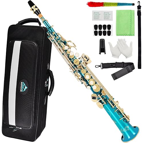 EASTROCK Bb Soprano Saxophone Straight Sax Instruments for Beginners Intermediate Players with Carrying Case,Mouthpiece,Pads,Reed,Cleaning kit,neck Strap,White Gloves(Lake Blue)