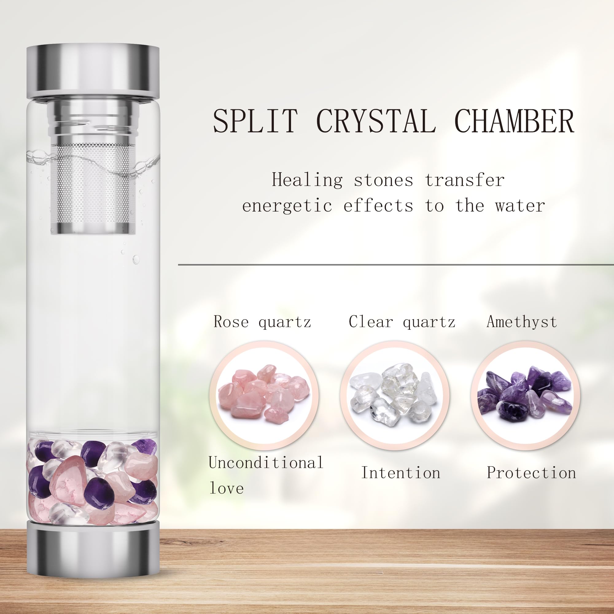 Bouteille d'eau en cristal avec infuseur à thé en cristal et cristaux de quartz rose amovibles, pierres précieuses réutilisables, 500 ml