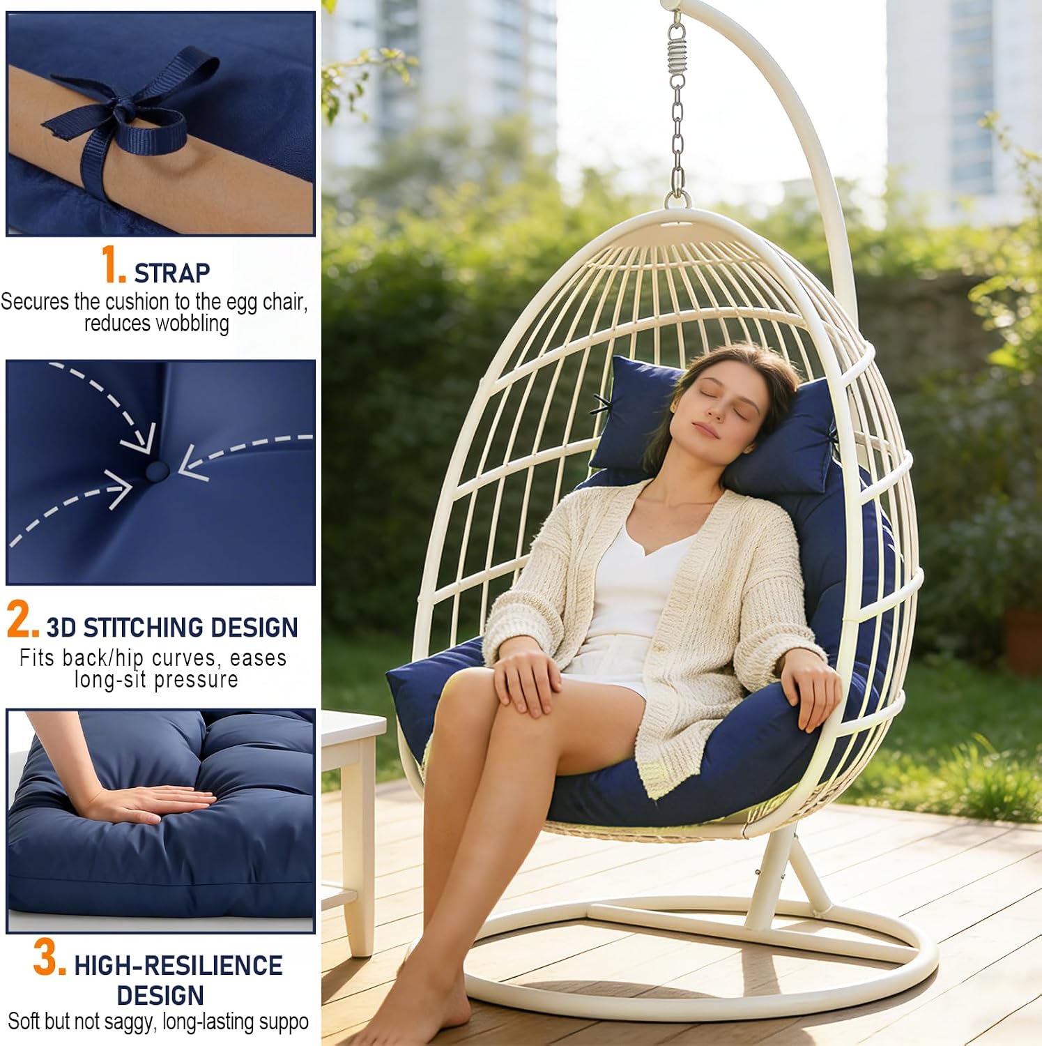 Egg Chair Cushion Replacement, Waterproof Outdoor Hanging Egg Swing Chair Cushions Pads with Headrest, 47x31x5 Inches (Navy Blue)