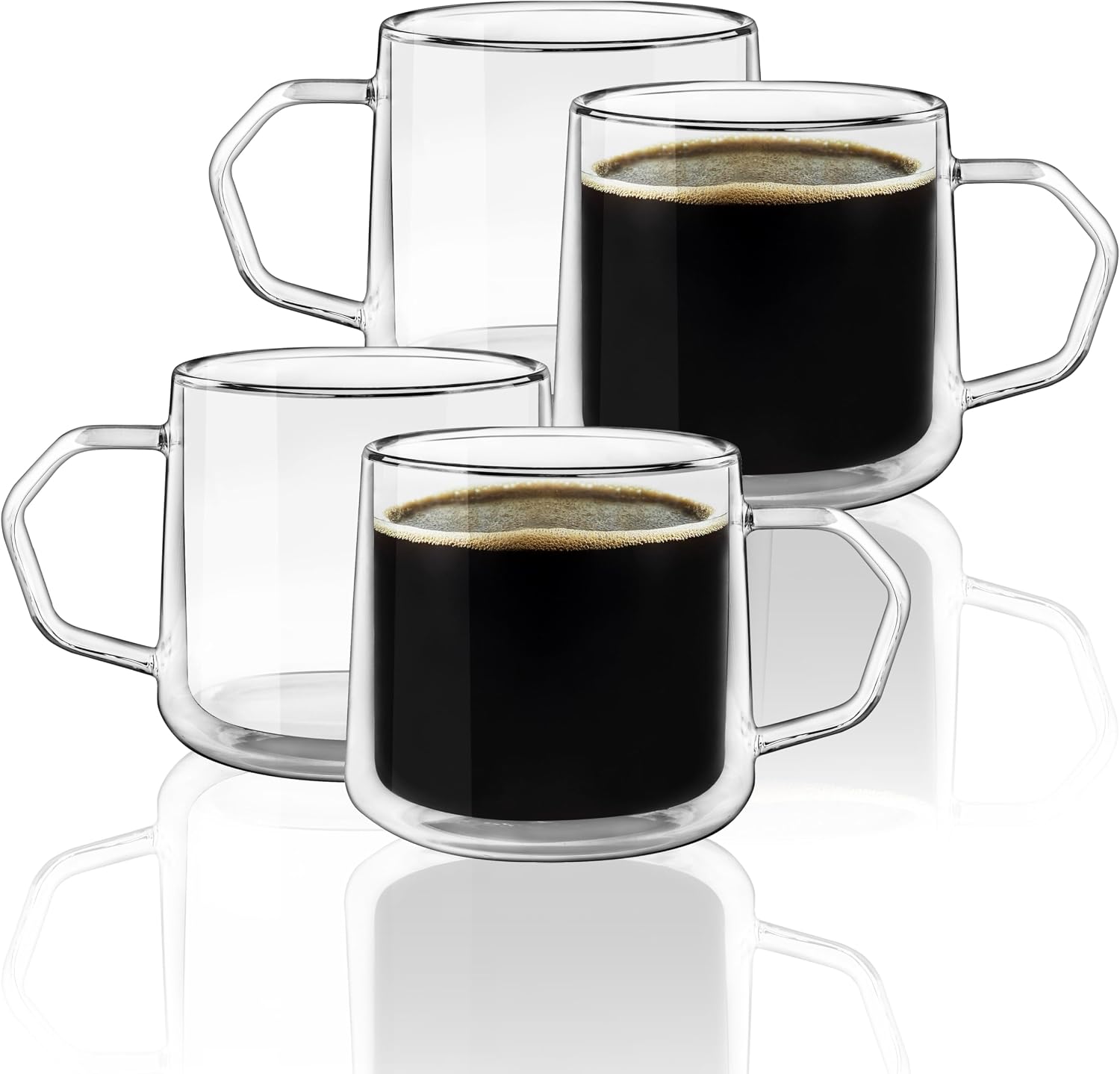 Double Wall Glass Coffee Mugs with Handle, 10oz Insulated Borosilicate Clear Cups for Latte Cappuccino Espresso Tea, Set of 4