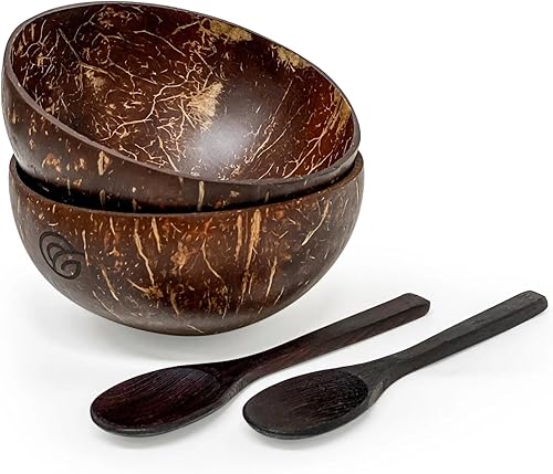 purpleclay Juego de 2 cuencos de coco y cucharas de madera, naturales, hechos a mano, aptos para veganos, ensalada, batido o Buda y utensilios de