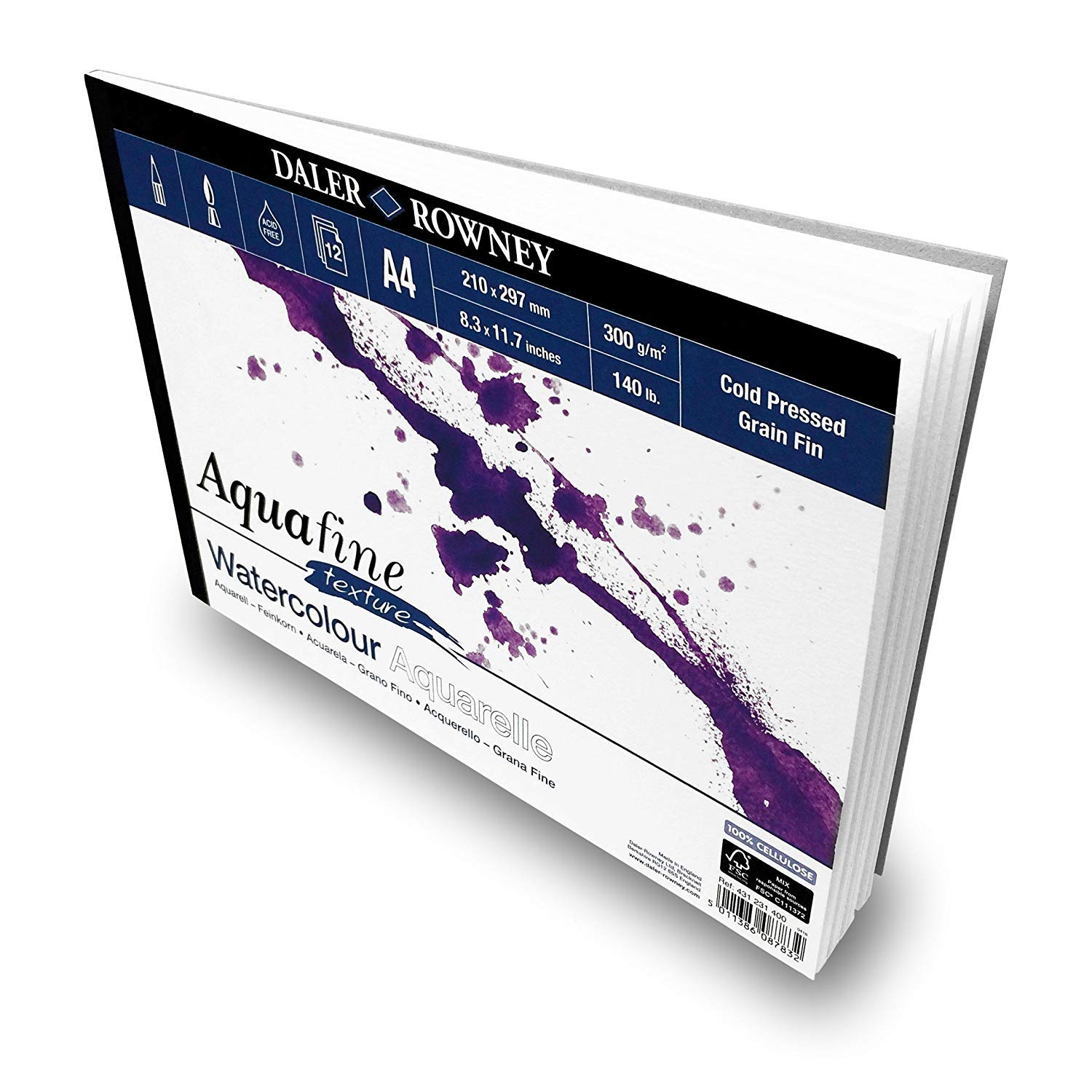 Daler Rowney Ivory - Aquafine Textured Watercolour Sketchbook - 300Gsm - 12 Pages - A4 Landscape - Made In England