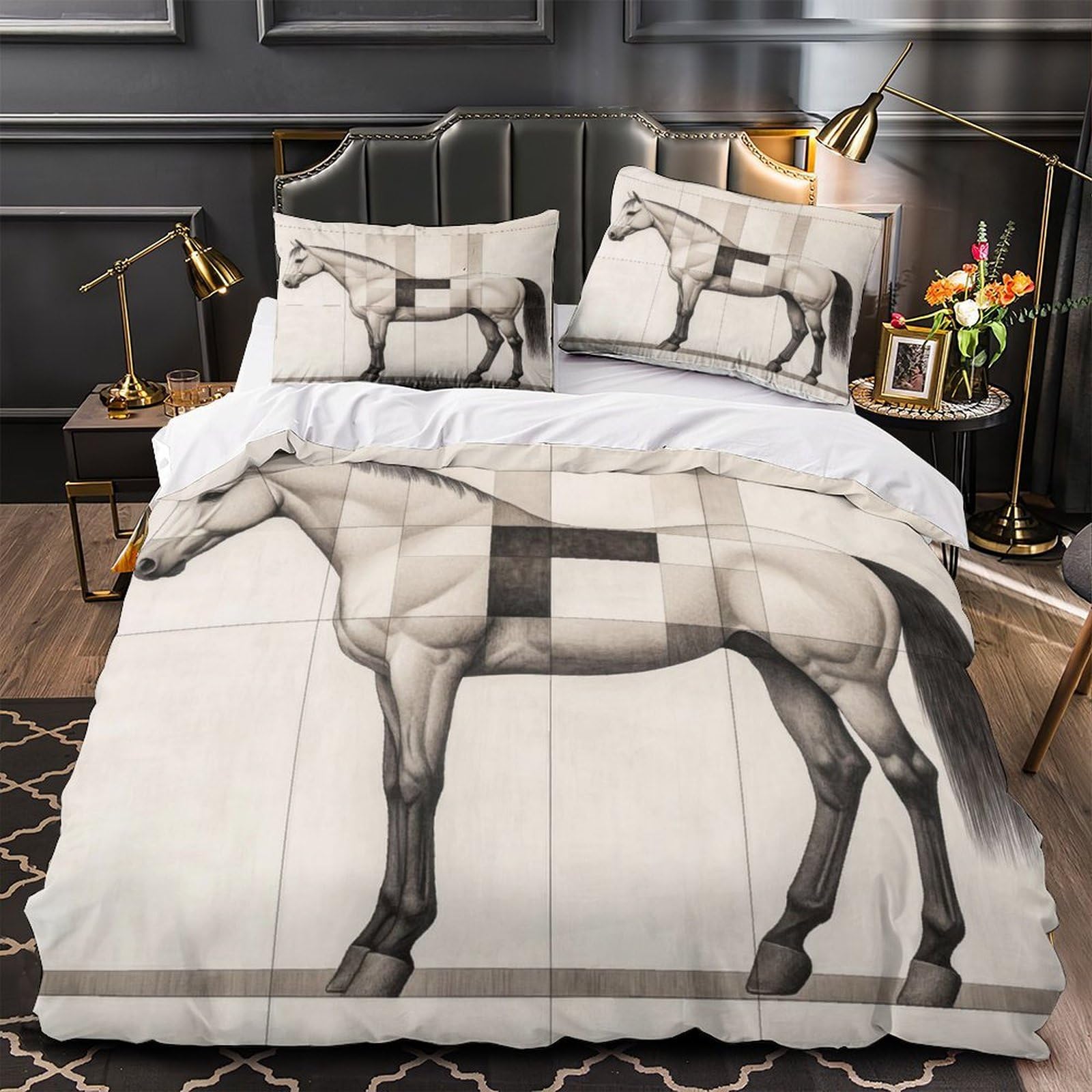 Parure de lit microfibre résistante 3D cheval housse de couette 220x240cm 2 taies lit enfant King