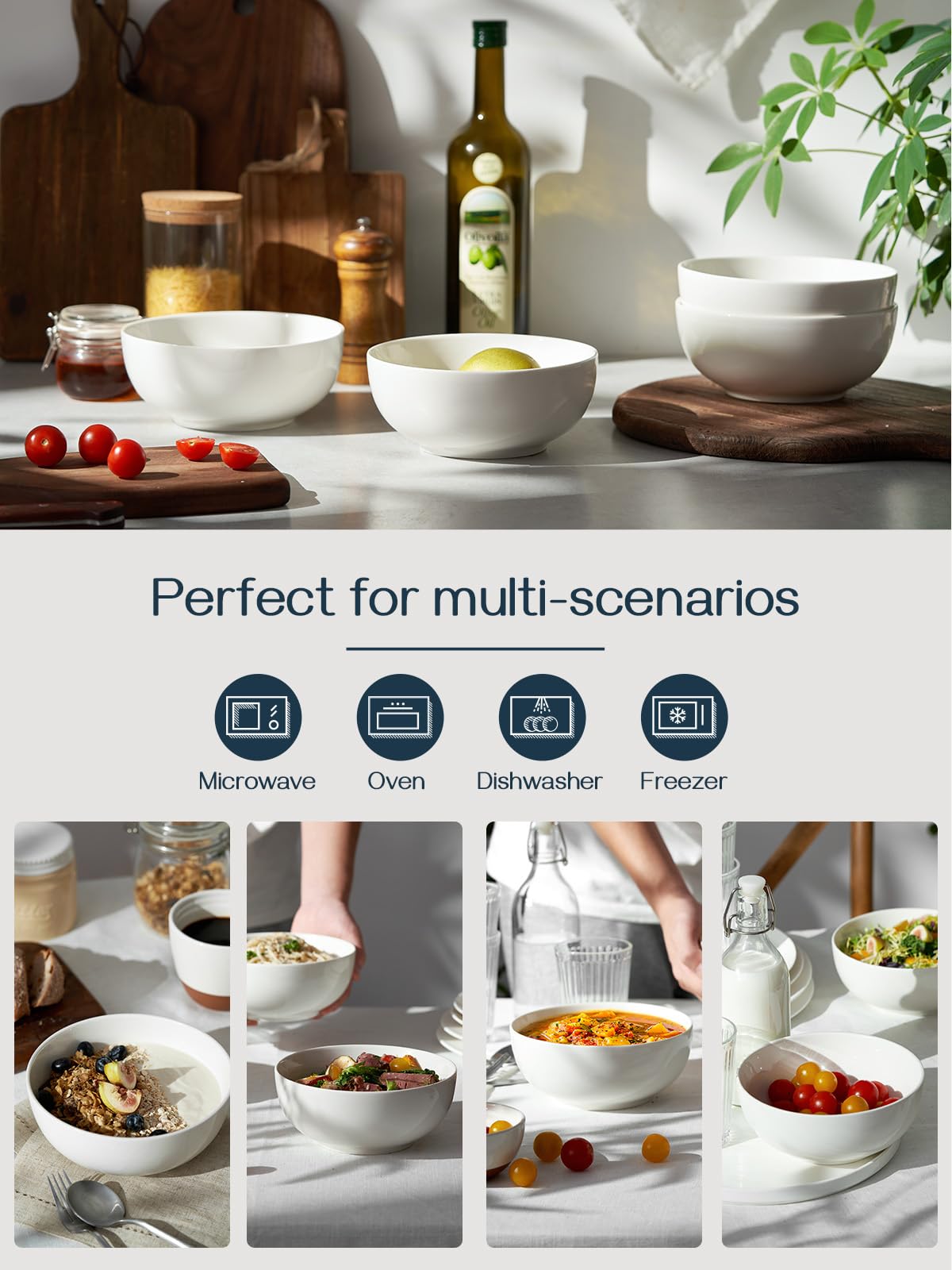 DOWAN Cuencos para Cereales, 1100ml/ø18cm Cuenco para Sopa de Cerámica, Cuencos Grandes para Servir Ensalada/Ramen, Apto para Microondas, para el Pastas | Fideos | Pho - Juego de 4, Blanco