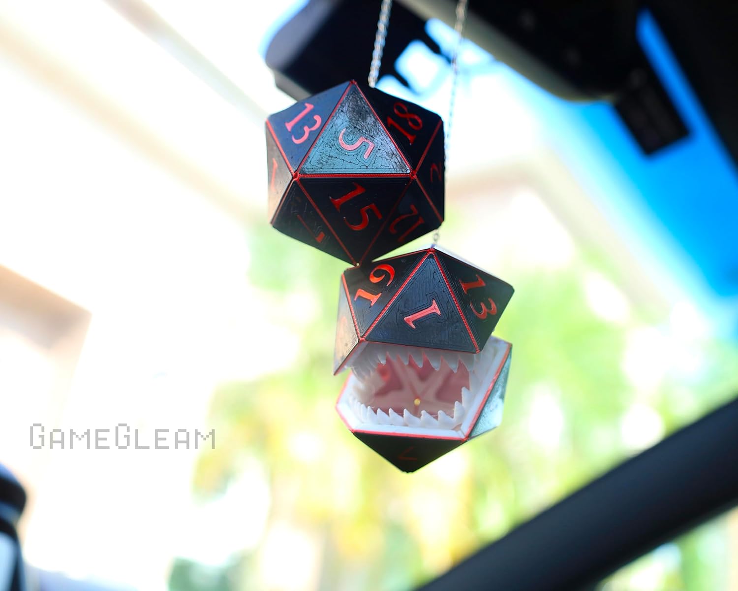 Pair of Mimic D20 Car Mirror Dice [2" Black and Red Holographic] - Hanging car Charm Rear View Mirror danglers - GameGleam (Black Body + Red Numbers)