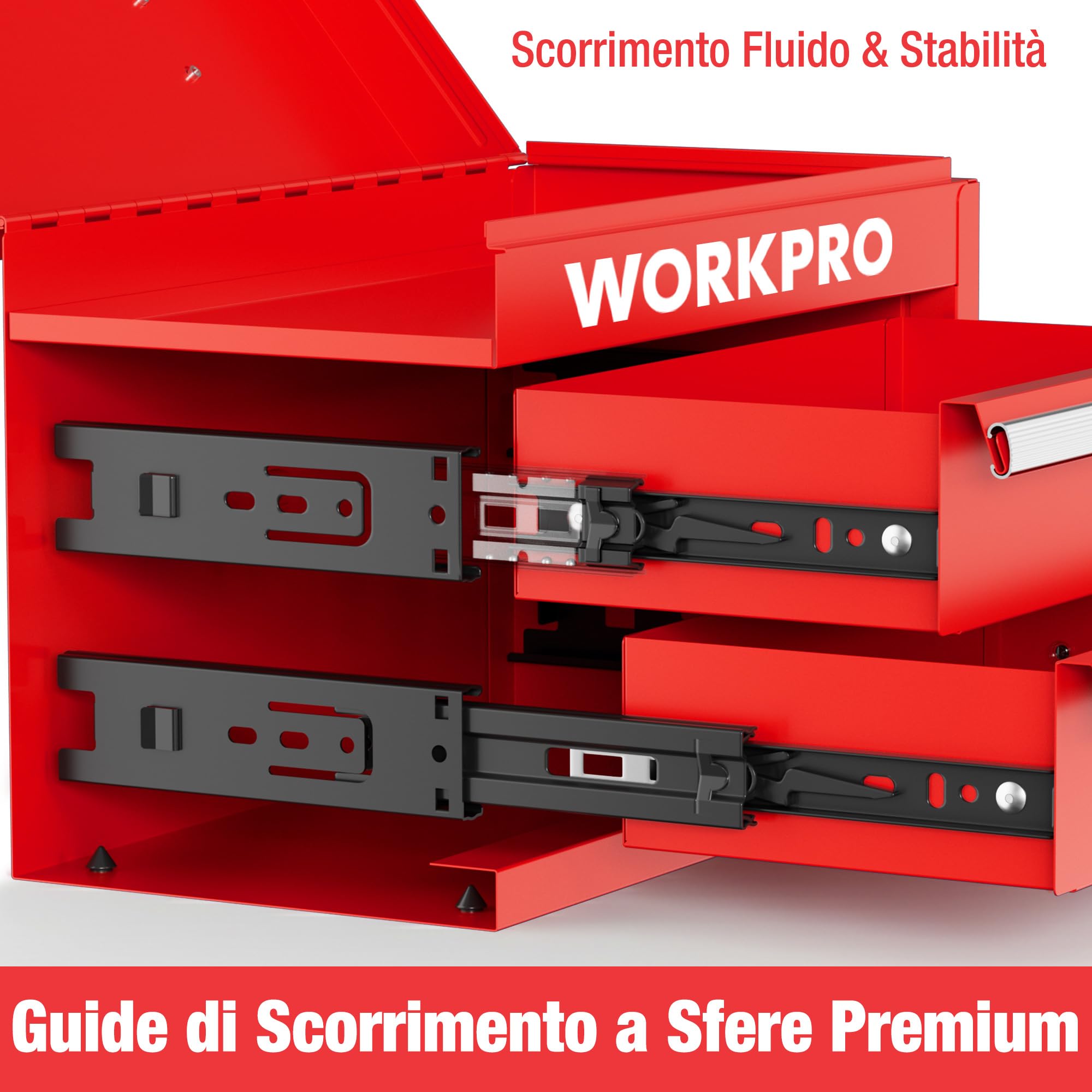 WORKPRO Mini Cassetta degli Attrezzi in Metallo con 2 Cassetti e & Superiore, 27,5 x 15 x 20,8 cm, Portatile, Ideale per Ufficio e Tavolo da Trucco - Rosso