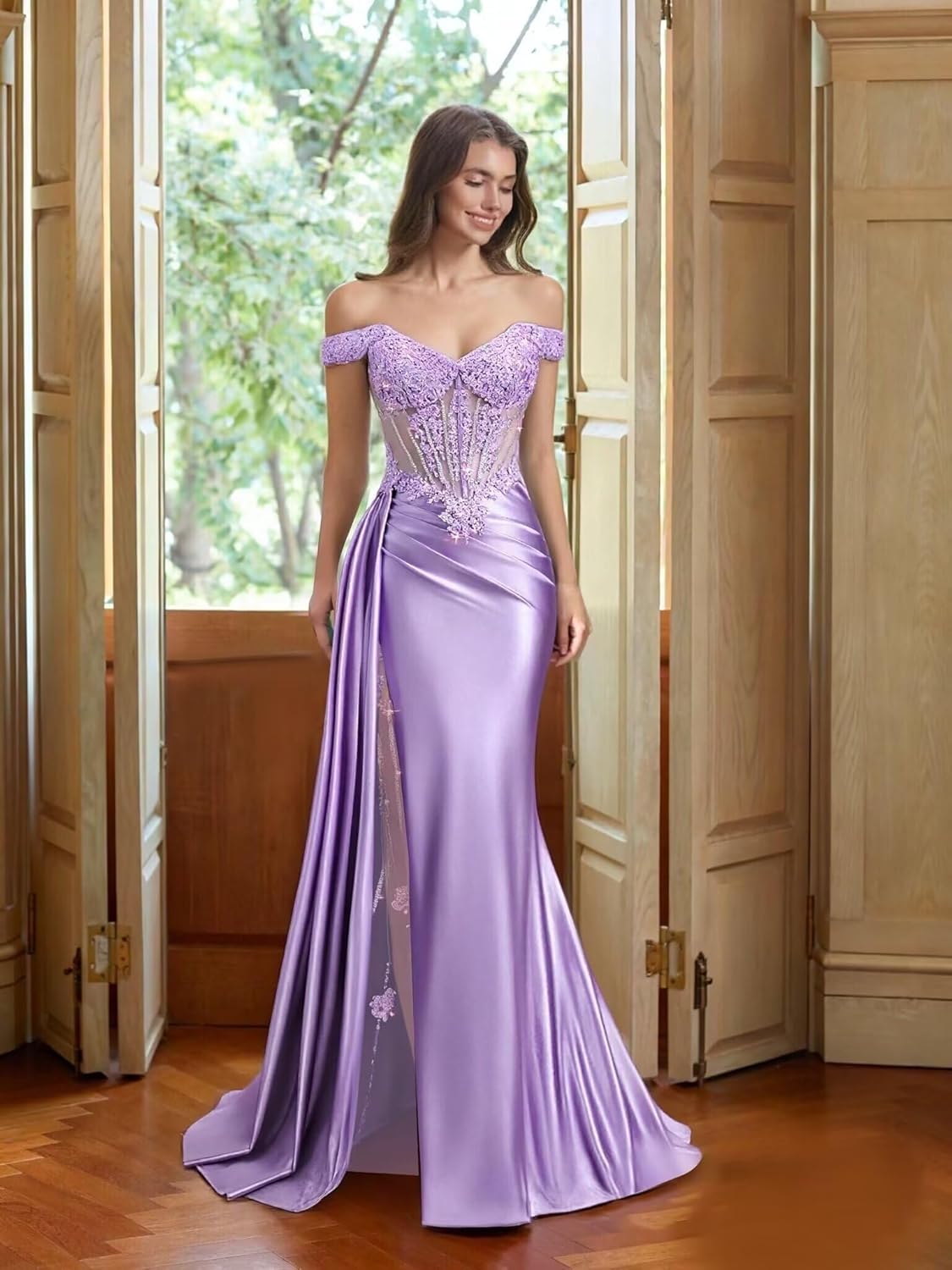 Tsbridal Off Shoulder Satin Prom Dresses for Women Beaded Lace Mermaid Formal Dress Pleated Evening Gown with Slit