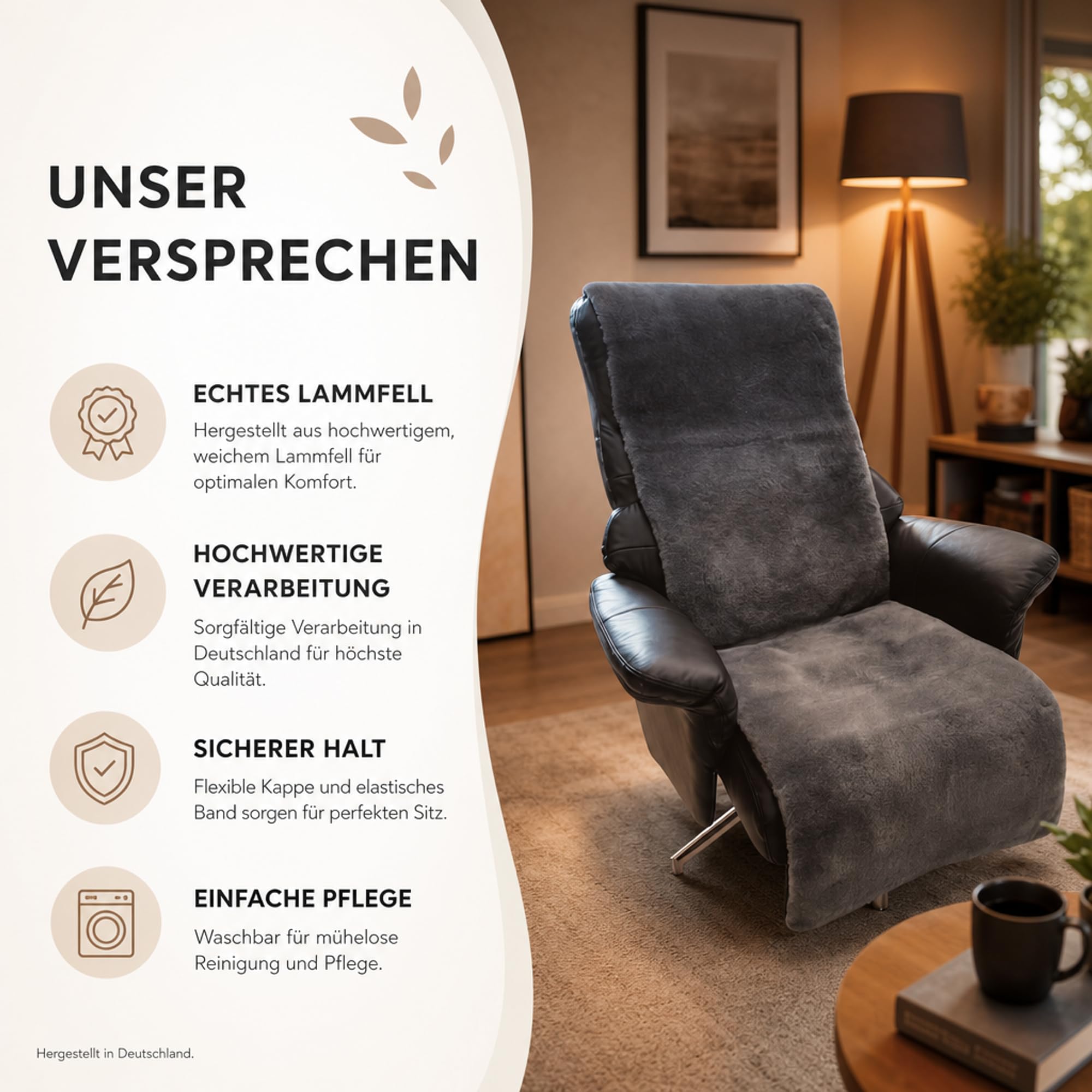 Sesselschoner für Relaxsessel universell komplett aus Lammfell 50 cm Breite (Anthrazit)
