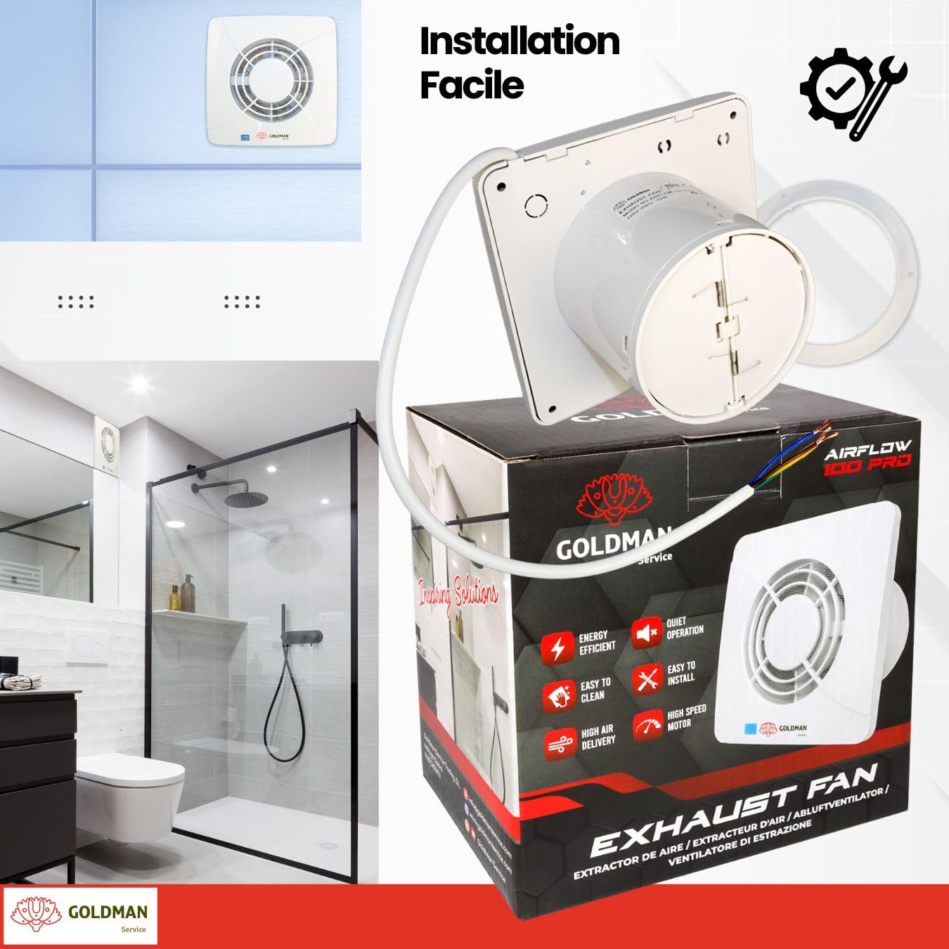GOLDMAN SERVICE | Extracteur de salle de bain cuisine silencieux, puissant, Ventilateur extracteur d'air, anti-humidité, anti-odeur, Valve anti-retour et moustiquaire | Diamètre : 100 mm