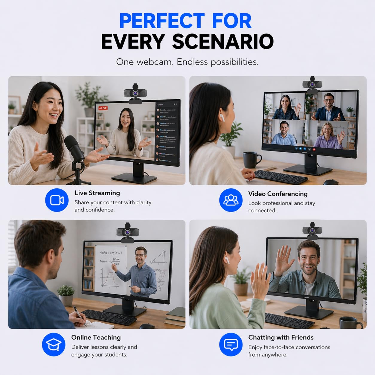 Webcam USB 1080P con doppio microfono e copertura per la privacy, autofocus plug-and-play, grandangolo, luce bassa, clip regolabile e treppiede da 1/4", per Zoom/Teams/Google Meet/OBS su