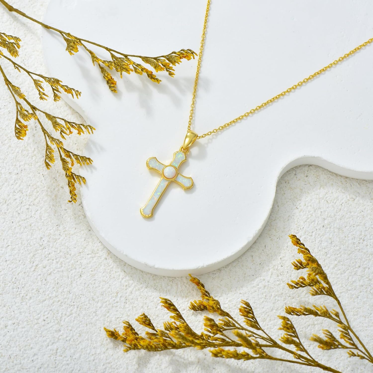 Cross Necklace for Women Opal Cross Pendant Necklace 14K Gold Plated Cross Necklace for Women Opal Jewelry Religious Gifts for Her 18+2" - Image 4