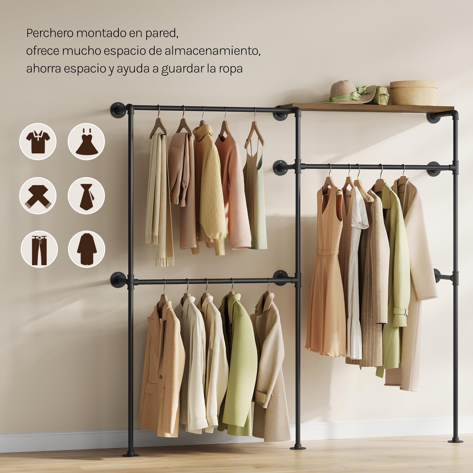 WOLTU Perchero de Pared, Armario Abierto, Perchero con Estante, Burro para Ropa, Barra de Colgar de Tubos Metálicos, Diseño Industrial y Vintage, Negro + Marrón Rústico