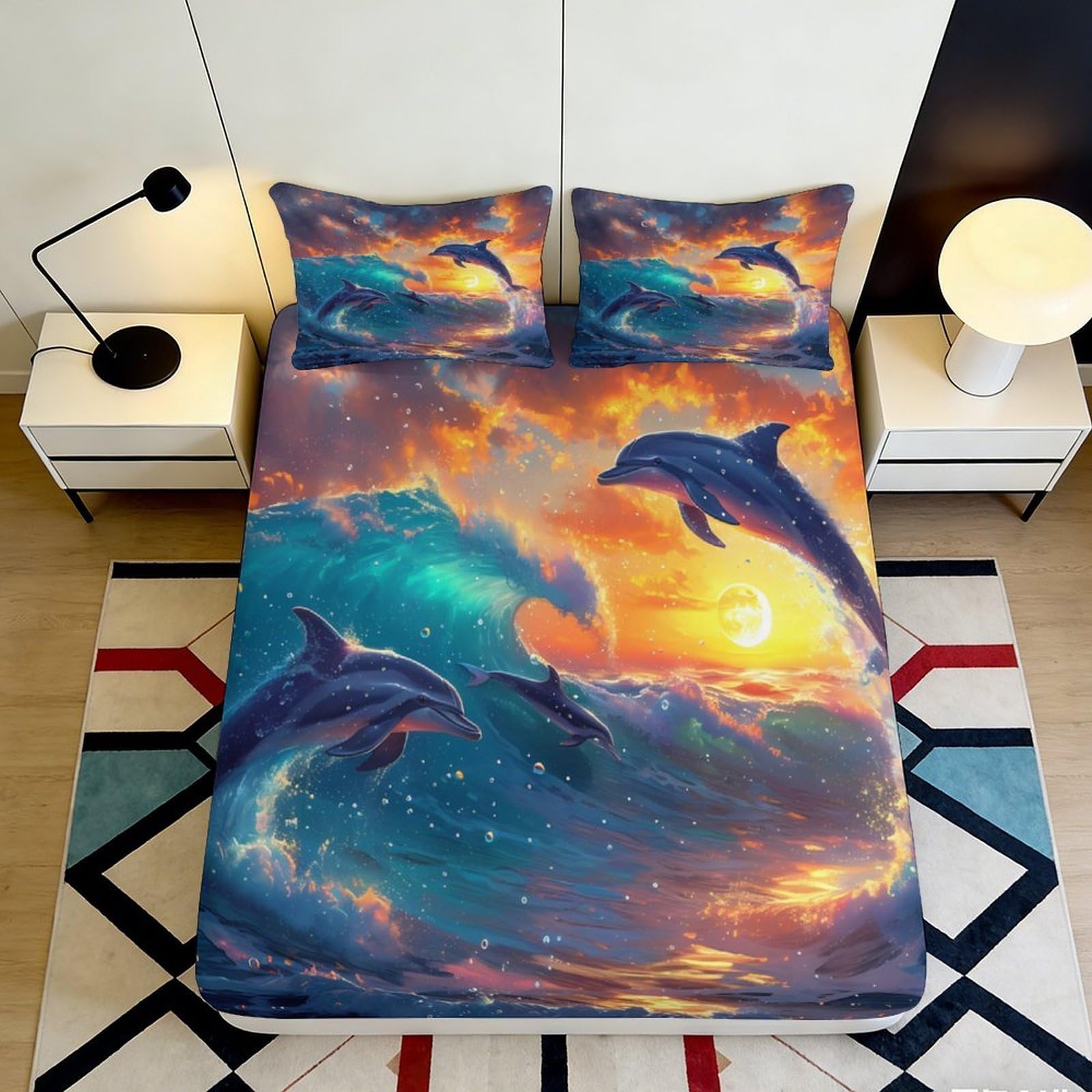 3D Printed Ocean Sunset Fitted Sheet Microfiber Soft Dolphin Wave Mattress Cover for Bedroom Dorm Bed Decor 90x200x25cm