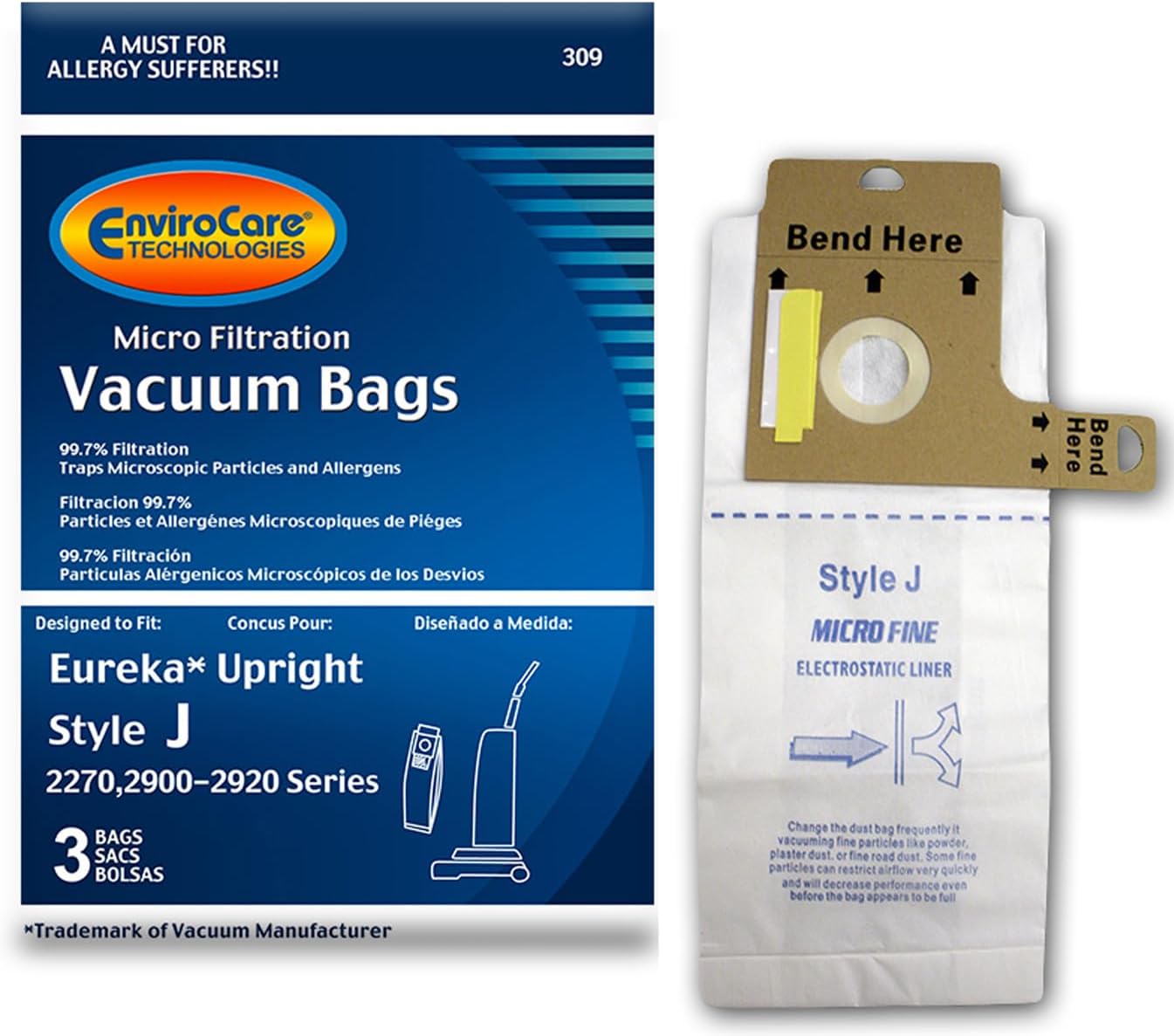 EnviroCare Replacement Micro Filtration Vacuum Cleaner Dust Bags made to fit Eureka Style J Uprights 3 Pack