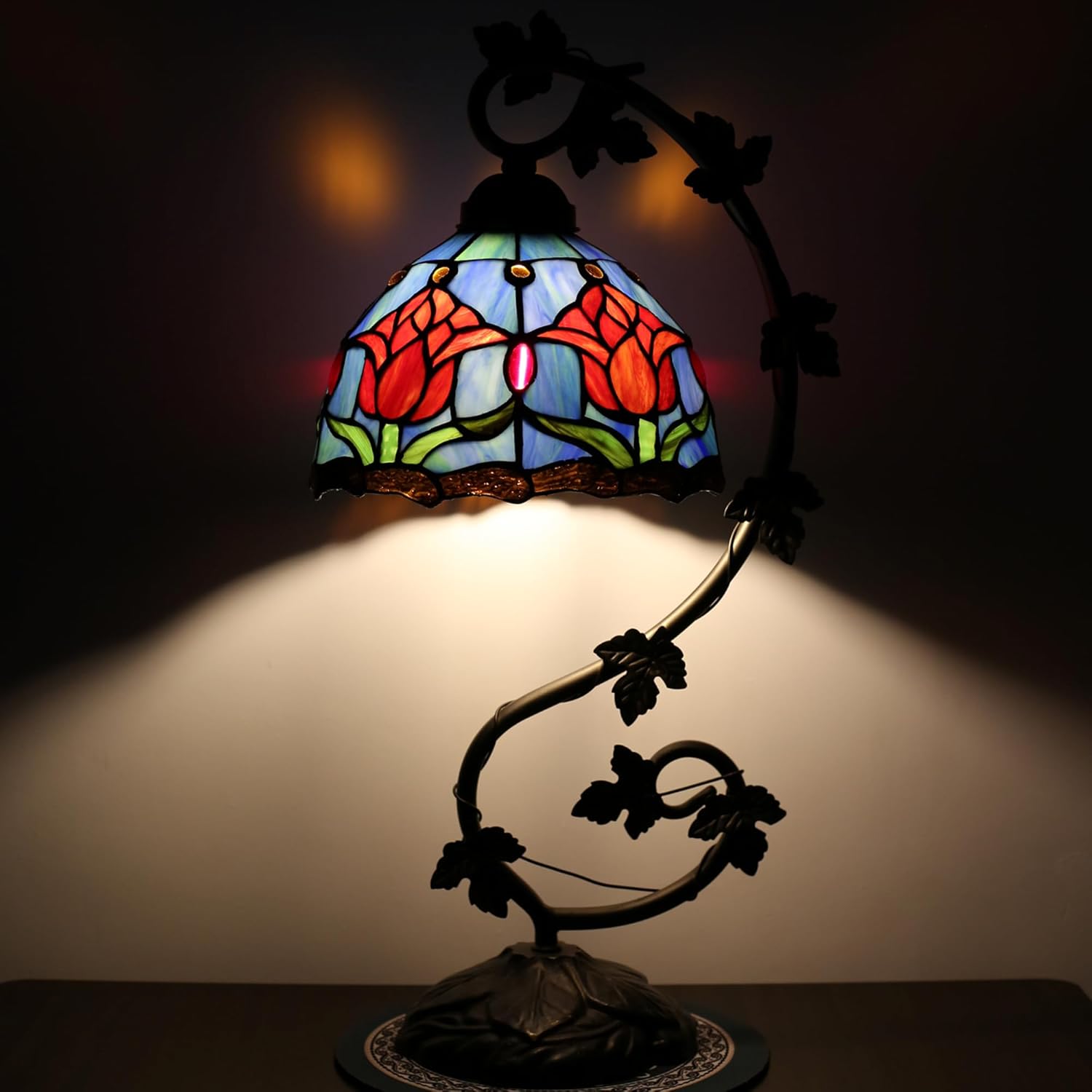Tiffany Table Lamp Stained Glass Small Lamp 8 x 10 x 21 Inches Metal Leaf Base Bedroom Living Room Study Desk Reading Light (Red Tulips Style)