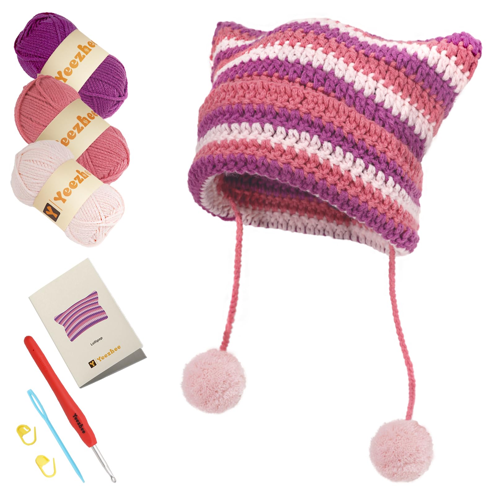 Yeezhee Kit de ganchillo para principiantes, kit de iniciación de gorro de ganchillo con tutoriales en video paso a paso, kit de punto de gorro de gato que incluye hilo, ganchos de ganchillo