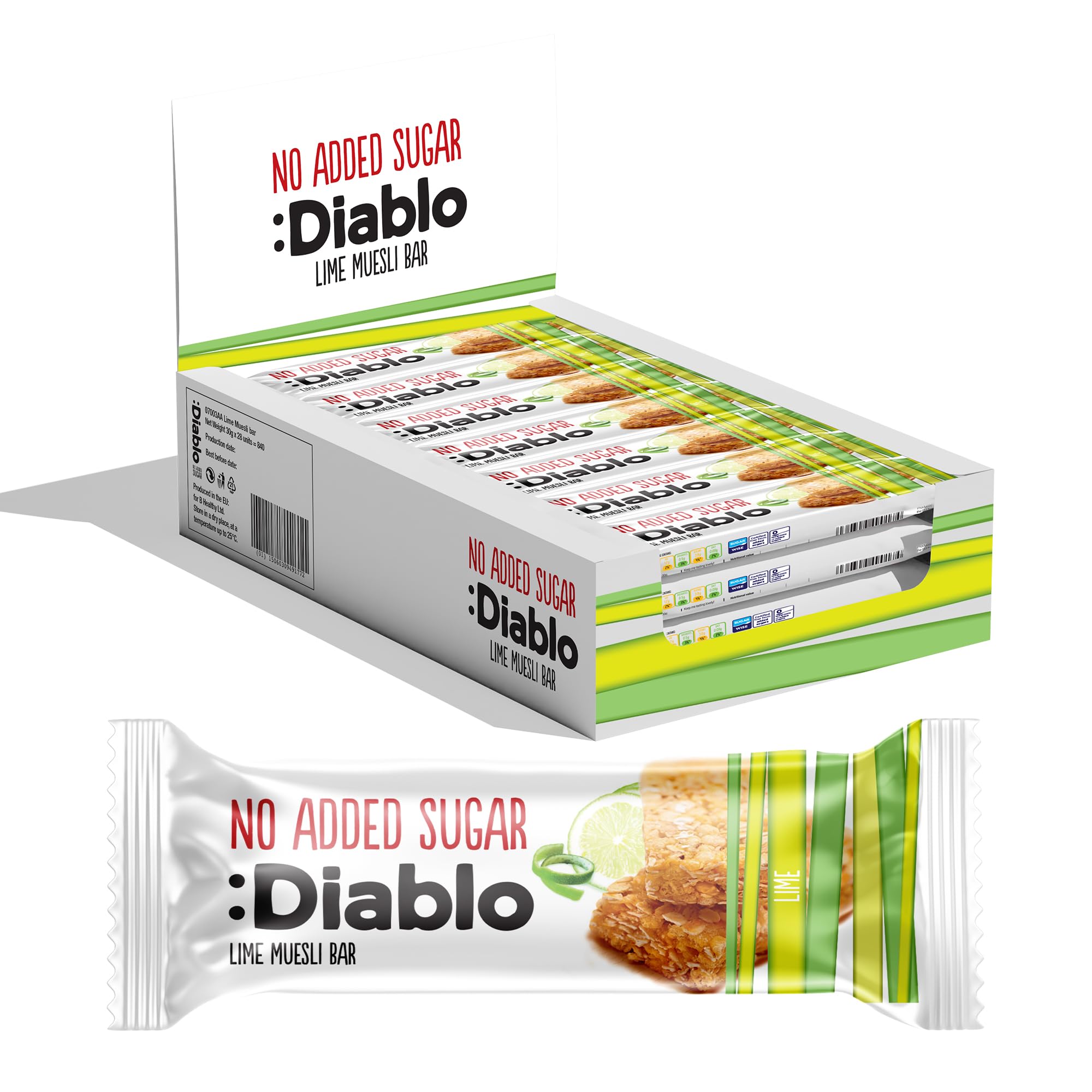 Diablo Lime Muesli Bar – No Added Sugar Healthy Snacks & Breakfast Bar Sweetened with Maltitol, Low Sugar Snacks Food, Great for Gifting, Work, School, or Travel – 30g Each (Pack of 28)
