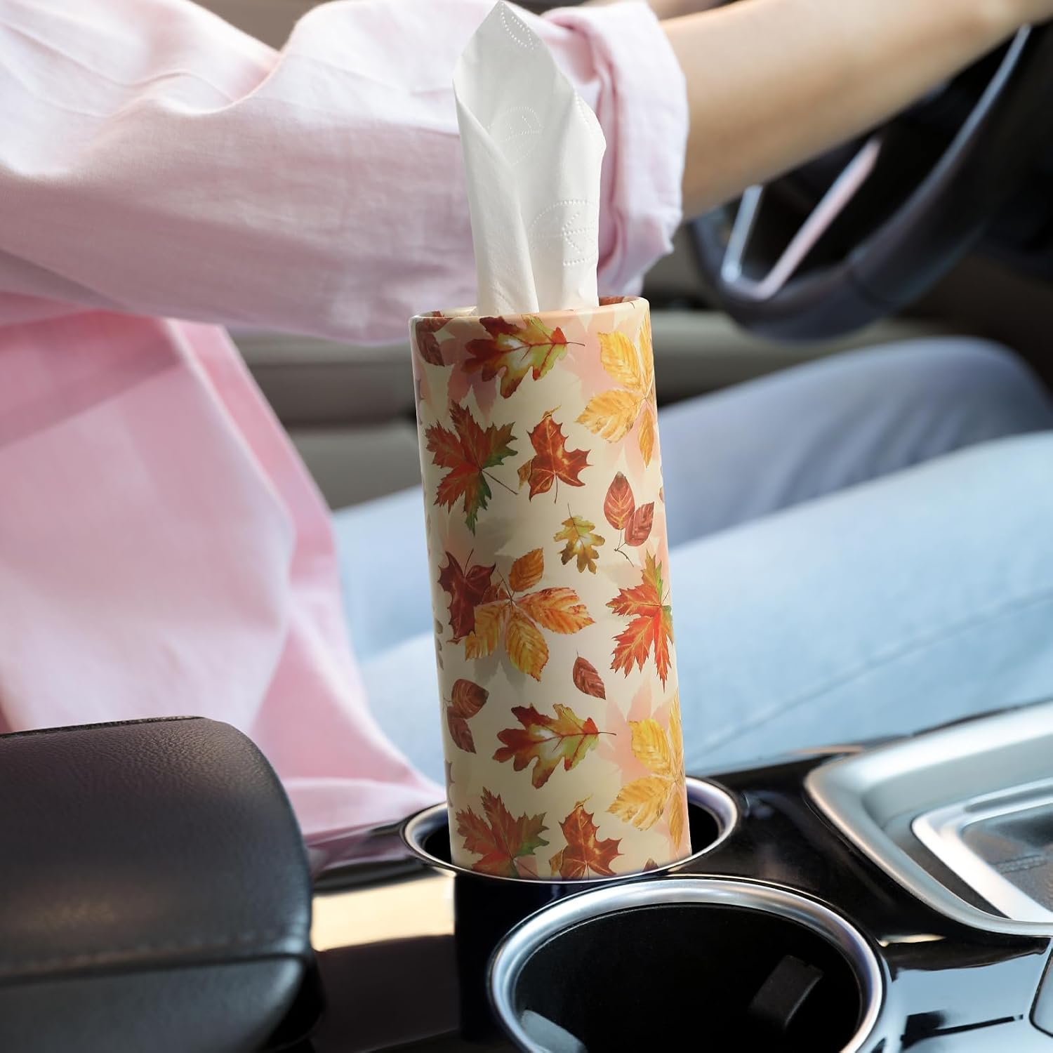 Pasimy 8 Pack Fall Car Tissues Cylinder Fall Round Tissue Boxes for Car in Cylinder Holder Autumn Pumpkins Maple Leaves 3 Ply Facial Paper Box Cover for Cup Holder Autumn Travel Home Office Bathroom