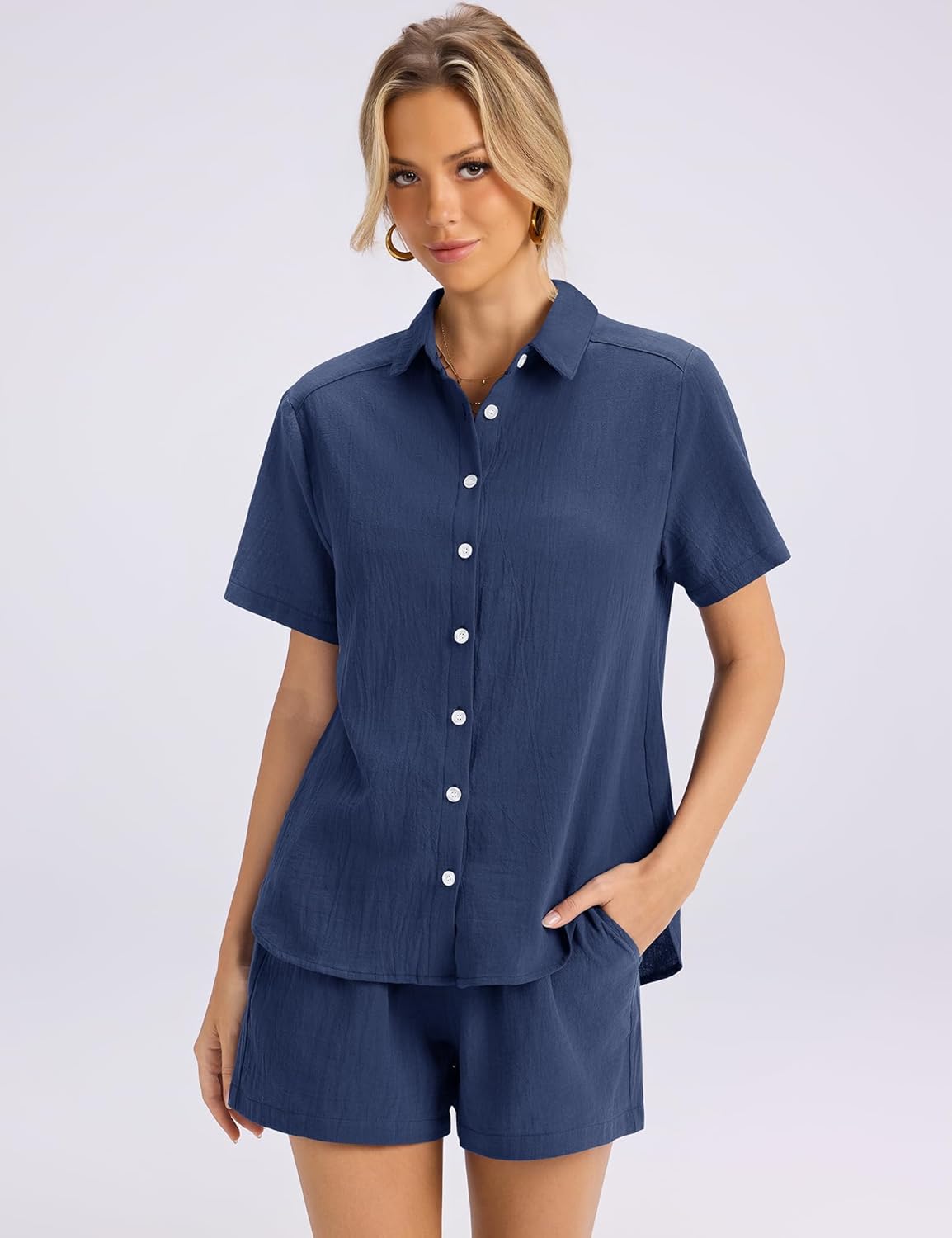 Rapbin Women's 2 Piece Summer Outfits Button Down Short Sleeve Shirt Set, Suitable for Office, Travel & Shopping Black - Image 4