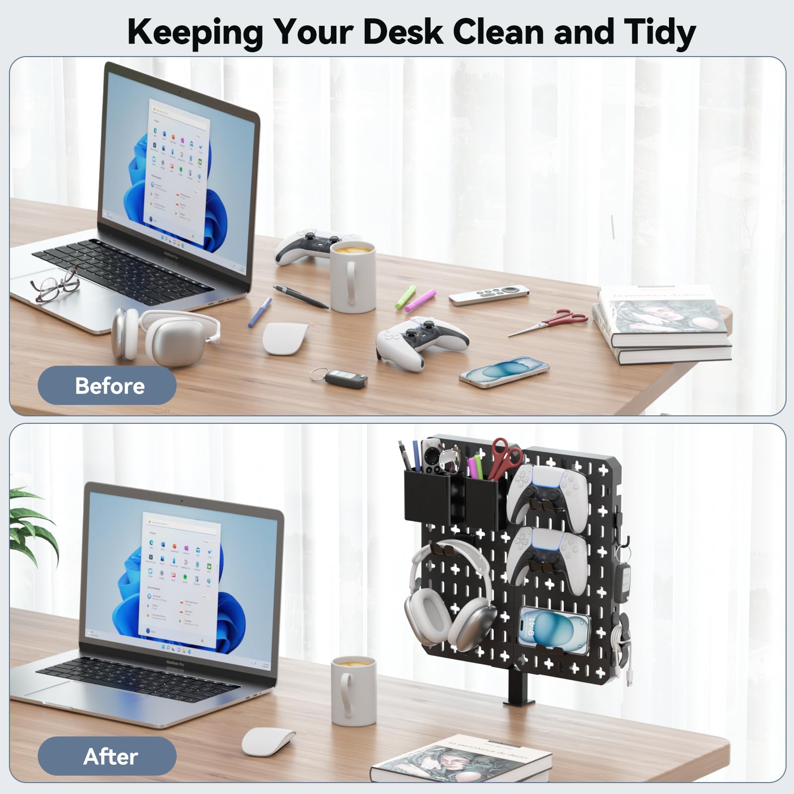 KDD Pegboard biurkowy 7 w 1 – bez wiercenia, tablica wtykowa do zaciskania z uchwytem na telefon komórkowy/długopis/uchwyt na słuchawki i kontroler/hakiem, zdejmowana płytka perforowana do warsztatu