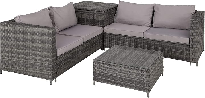 Salottino Da Giardino In Rattan TecTake - 2 Divani + Tavolo Vetro + Contenitore, Grigio Chiaro - Foto 2