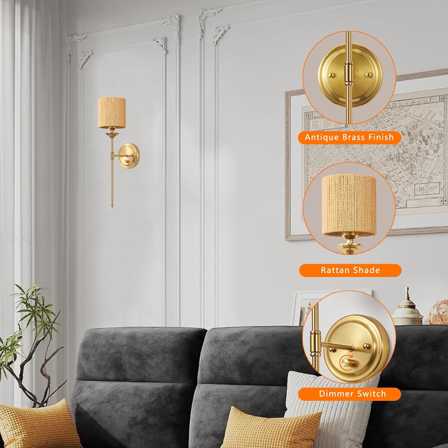 Rattan Plug in Wall Sconces Set of 2, Gold Bedside Dimmable Wall Lamp with Knob Dimmer Switch and 6.5FT Electric Cord, Boho Bathroom Wall Light Fixture for Bedroom Living Room