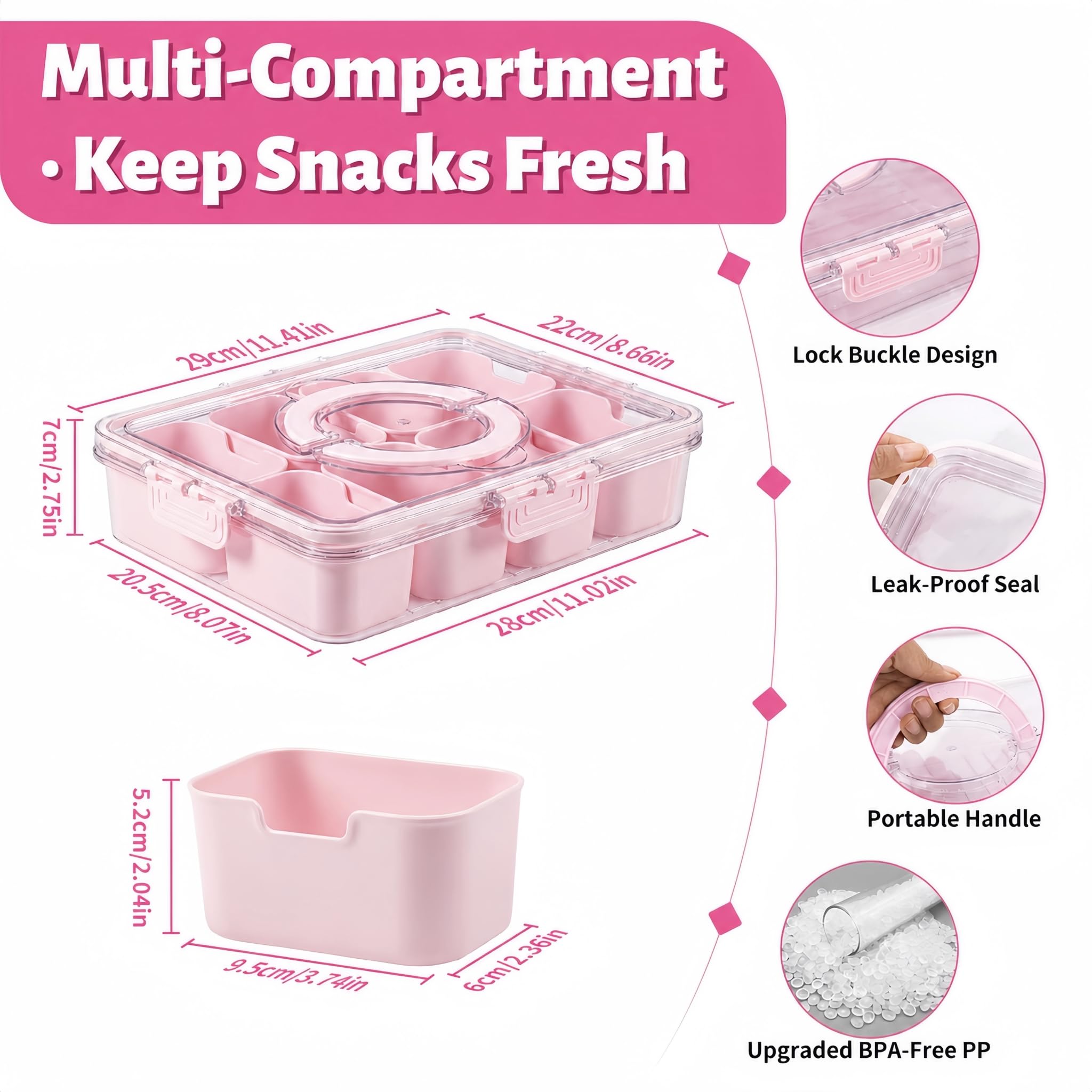 Contenitore per snack con scomparti e coperchio – Piatto da portata portatile per caramelle, frutta, snack, piatto suddiviso per picnic e feste PP (PINK)