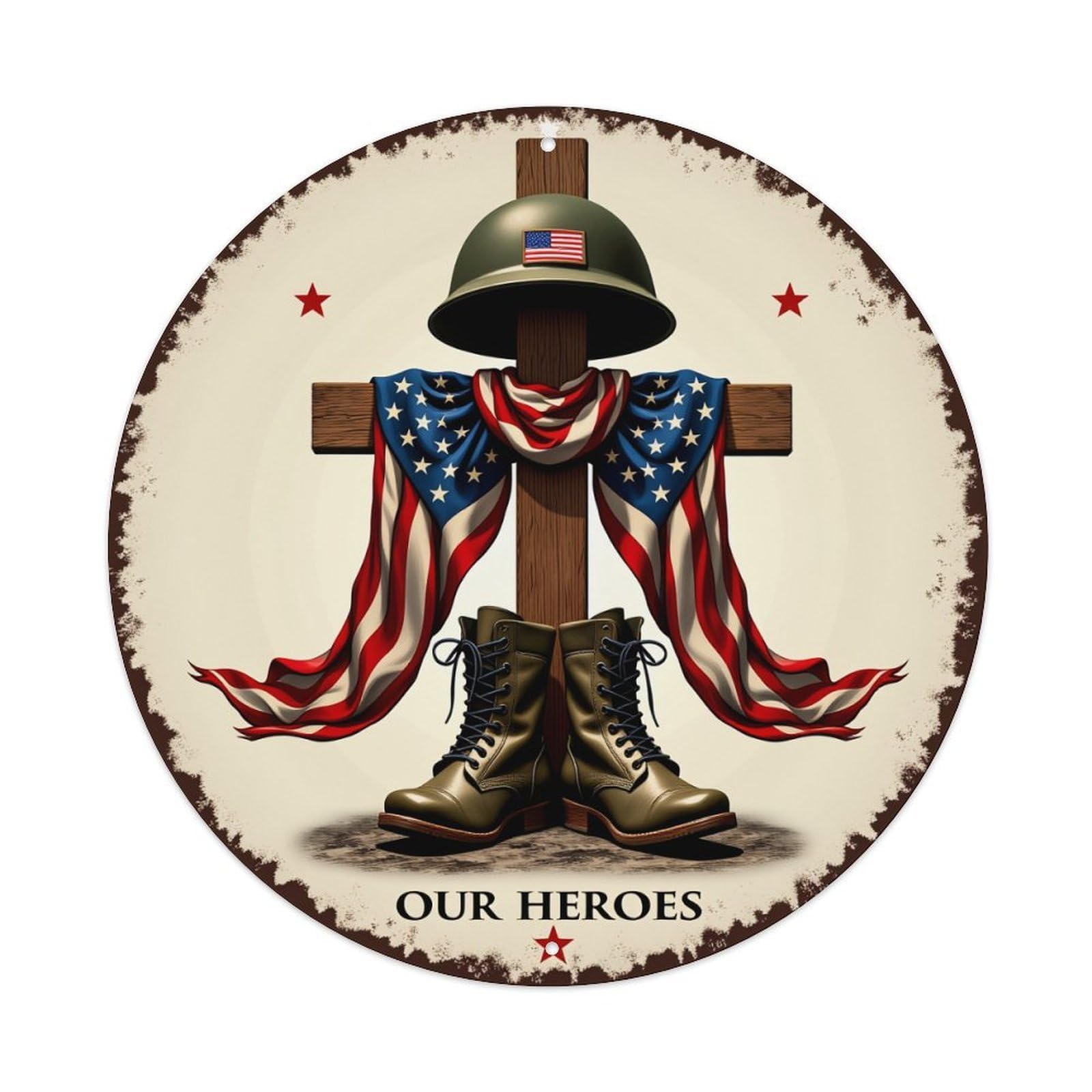 American Flag Helmet Boots Cross Stars Round Tin Sign Vintage Metal Poster, Home Bar Garage Man Cave Cafe Indoor & Outdoor Wall Decoration 8x8Inches