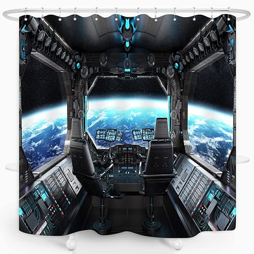 Spaceship Interior Shower Curtain Planet Earth Galaxy Futuristic Science Spacecraft