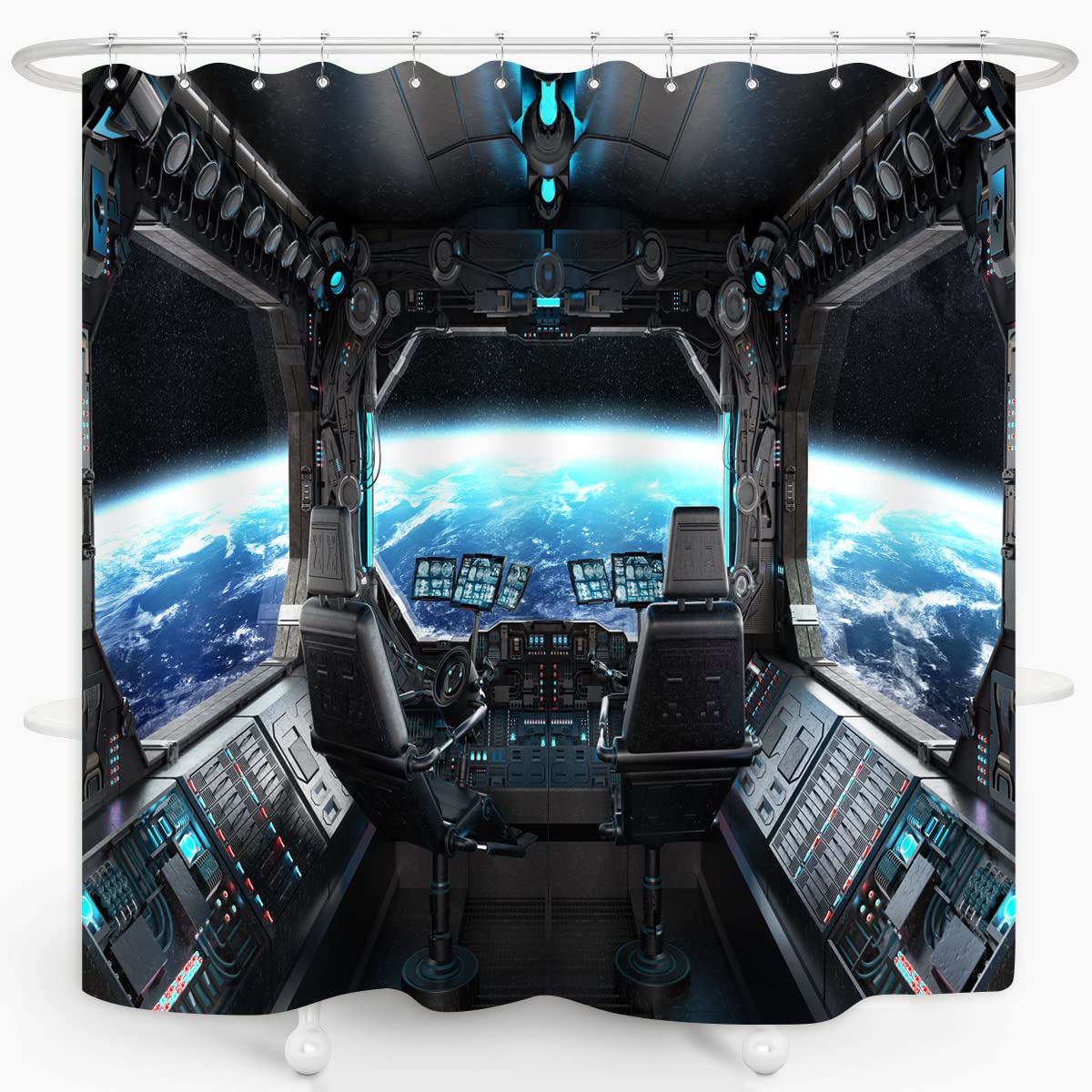 Zxmbf Boys Spaceship Interior Shower Curtain Planet Earth Galaxy Futuristic Science Spacecraft Cabin For Kids Black Home Bathroom Decor Waterproof Fabric 72Lx72w Inch With 12Pcs Hooks