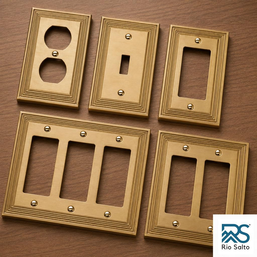 Rio Salto Gold Decorative Light Switch Cover Plate Rocker Decorator Paddle GFCI Brushed Brass Gold Metal Wall Plates Wall Plate Cover — Estate Collection, Midsize, 5.00" X 3.13"