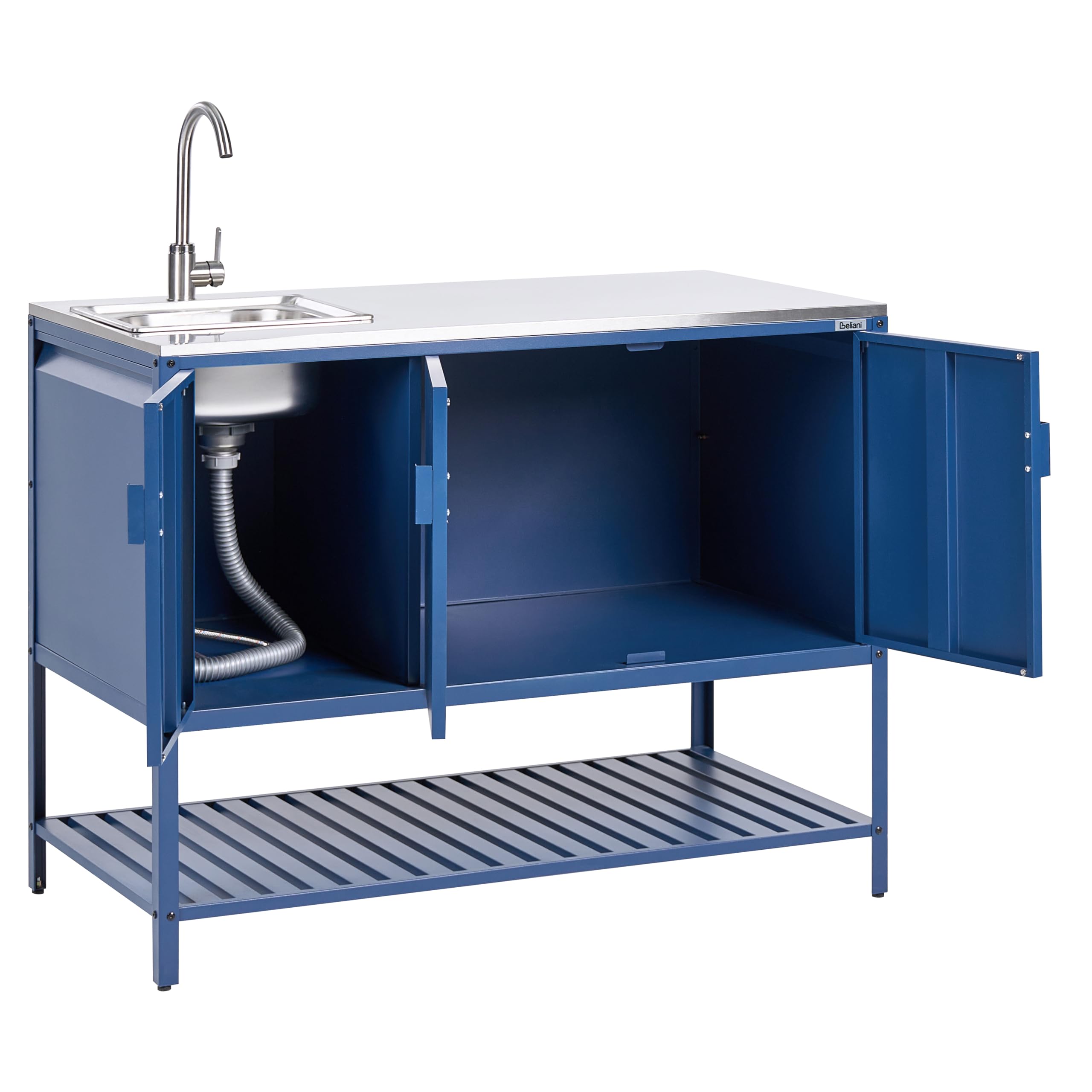 Beliani Conjunto de 2 armarios de Cocina Exterior de Acero 3 Puertas encimera de Acero Inoxidable jardín Azul con Fregadero Maenza