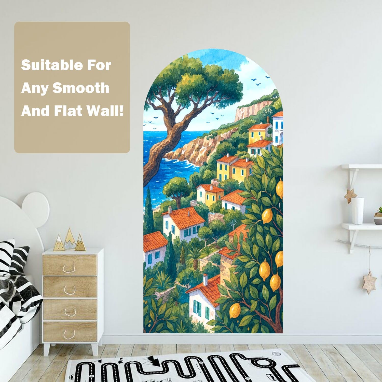 Headboard Arch Wall Decals Mediterranean Seaside Watercolor Art Quaint Coastal Village Boho Sticker Peel and Stick Removable Mural Accent Bed Home Decor for Bedroom Living Room 36"x72"