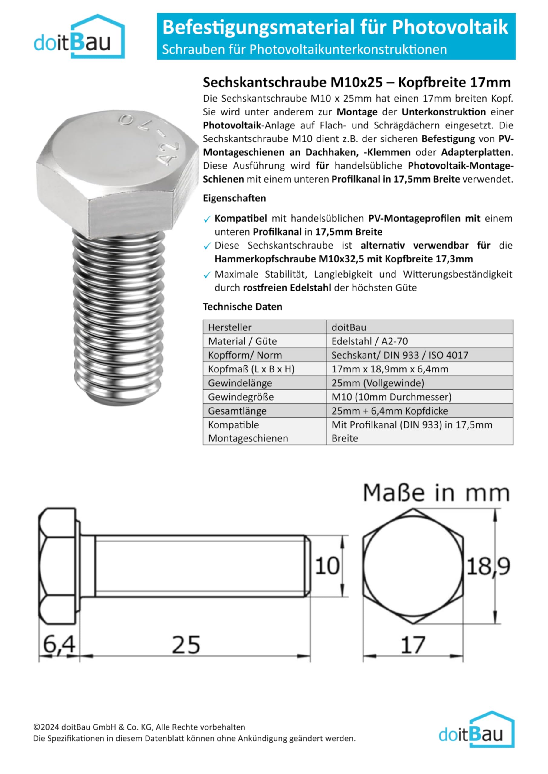 DoitBau - Set di 10 ganci per tetto in mattoni [8 x 80]/10 ganci per tetto, 20 viti per legno da 80 mm, 10 viti esagonali M10, 10 dadi/fotovoltaici a falda per tetto in PV, modulo tono in ceramica,