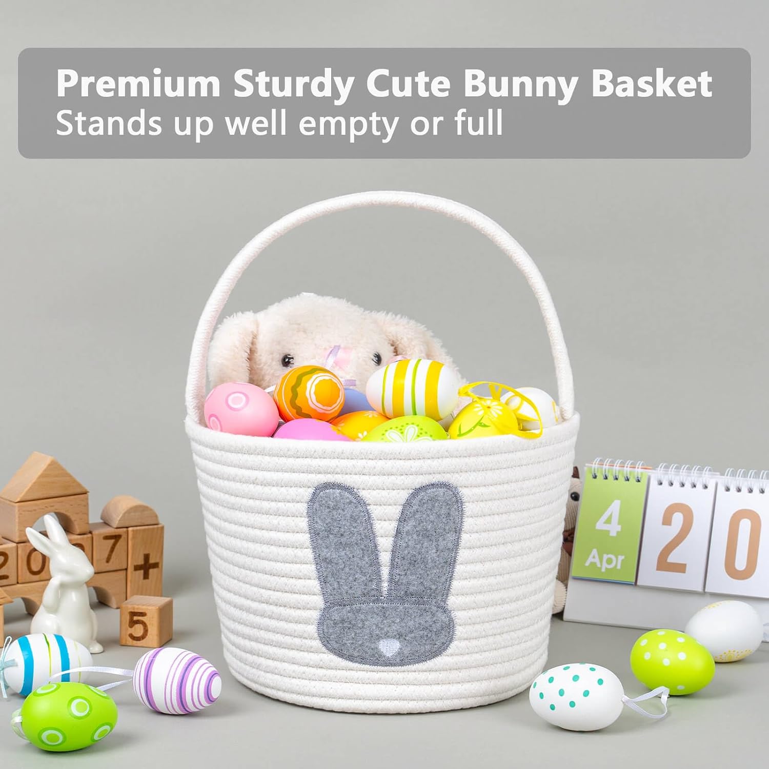 CubesLand Easter Bunny Basket Set for Kids, Babies, 2-Piece Easter Egg Hunt Baskets for Girls, Boys, Soft & Durable Cotton Rope Empty Gift Basket, Festive Decor & Gift Ideas, Large