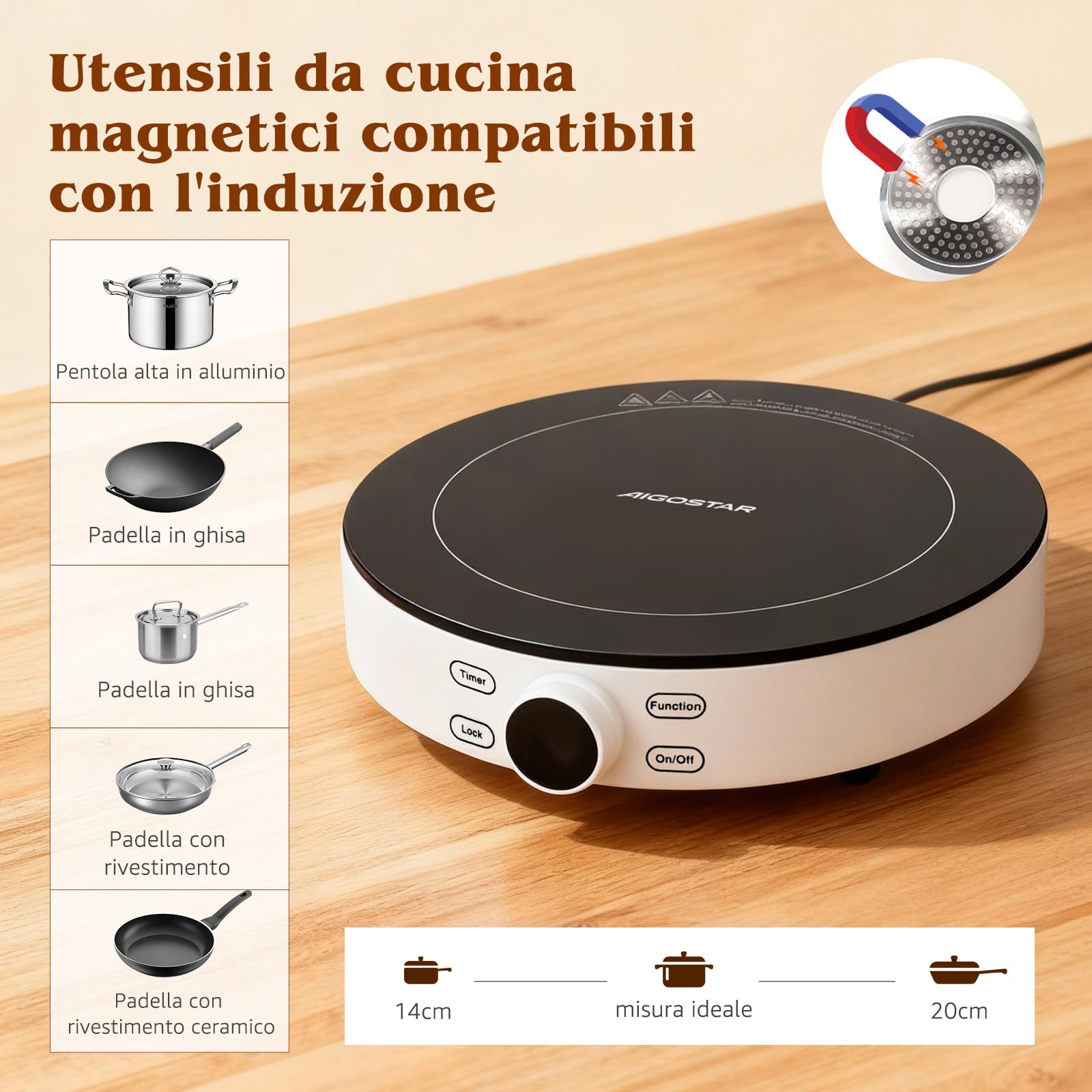 Aigostar Piastra ad induzione, 2100 W, fornello a induzione in vetroceramica, 9 Livelli di Potenza, Display Digitale a LED, controllo touch sensor e blocco di sicurezza, spegnimento automatico, Timer