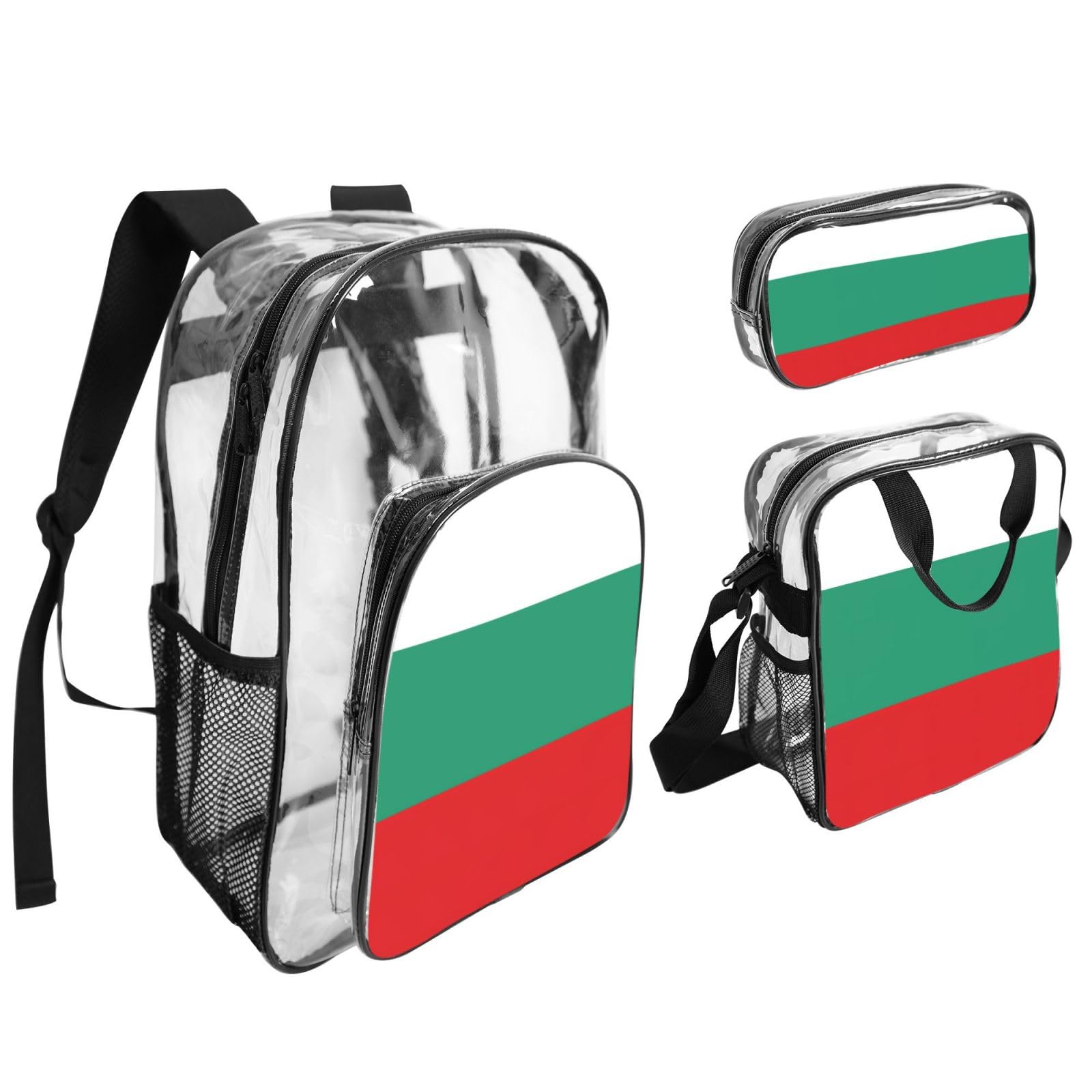 Bułgarska flaga nadruk unisex przezroczysty plecak zestaw 3-częściowy przezroczysty lunch piórnik podróżny na zewnątrz
