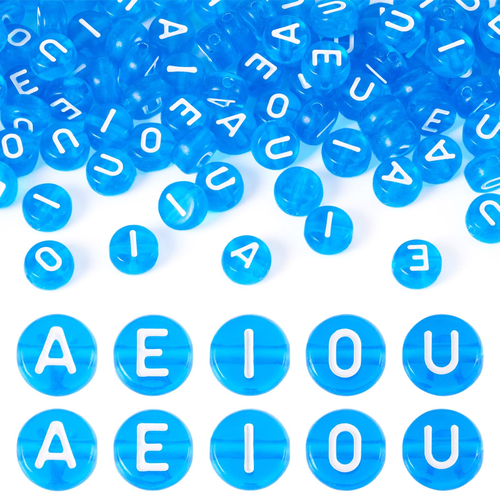 Craftdady 100pcs Acrylic Vowel Letter Beads 7mm Blue Flat Round Disc Alphabet Beads A/E/I/O/U Transparent Letter Bead Vowels for Friendship Bracelet Jewelry Making — image 1