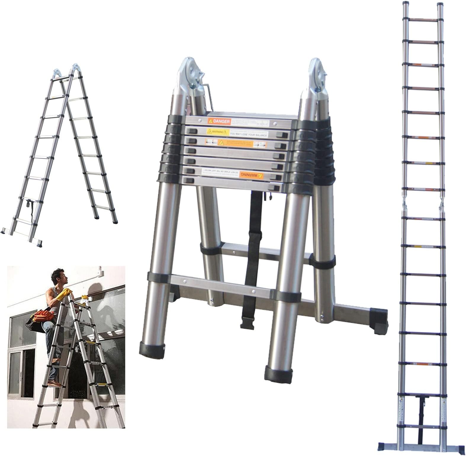 Telescoping Ladder 16 FT Extension Ladder 2-in-1 Telescoping A-Frame Ladder Stainless Steel Collapsible Ladders, As 8ft + 8ft Multi Purpose Compact Ladder, Rv Ladder, Roof Ladder, 330 Lb Capacity