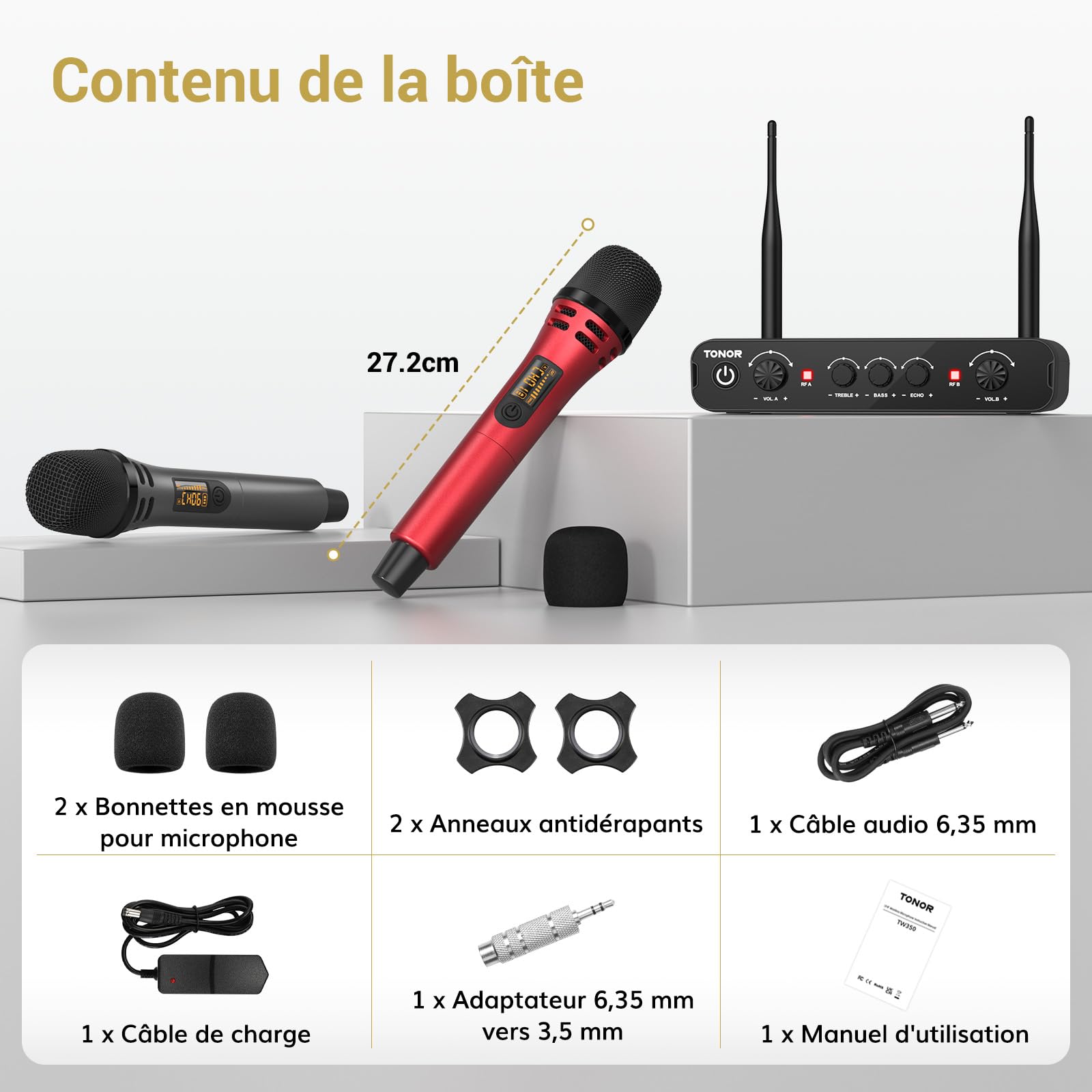 TONOR Micro Karaoke sans Fil, UHF Microphone Systèmes Dynamique Chant Portable à Main Double avec Récepteur pour Karaoké/Fête/Discours/Mariage/DJ Spectacles/Église/Conférences, 60M, Gris&Rouge,TW350