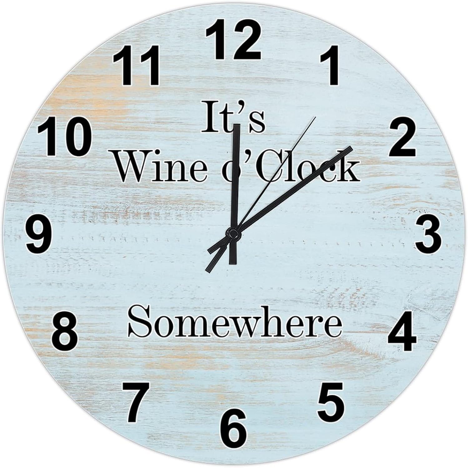 10in Wall Clock Blue Wood Grain Wooden Clock It's Wine O'clock Somewhere Coastal Style Quartz Analog Battery Operated Novelty Popular Wall Decor for Shelf Study Room Dorm Yard
