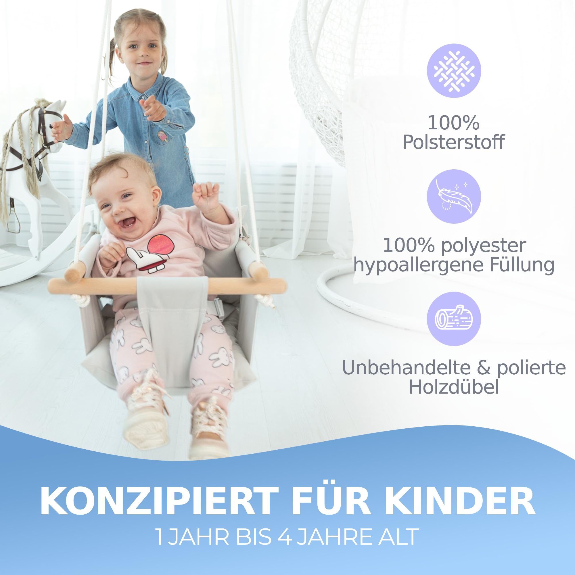 Cateam Babyschaukel Holz, Hängeschaukel mit 5-Punkt-Sicherheitsgurt, Indoor Outdoor, Kinderschaukel ab 12 Monate, Grau