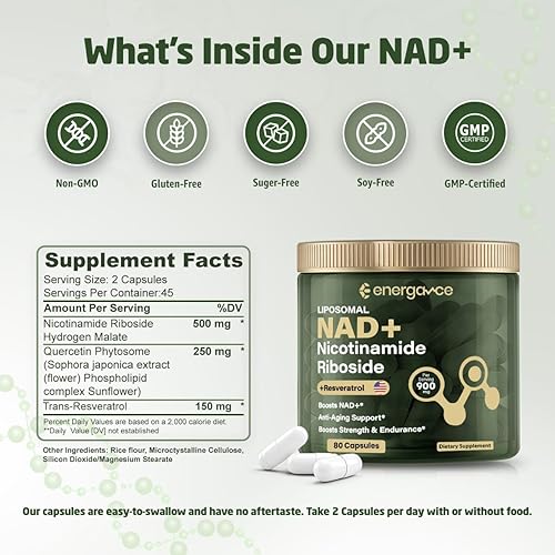 Miniatura 7 de Suplemento NAD+ prémium para energía celular y envejecimiento saludable - Apoya la función cognitiva, vitalidad y salud inmunológica - 80 cápsulas