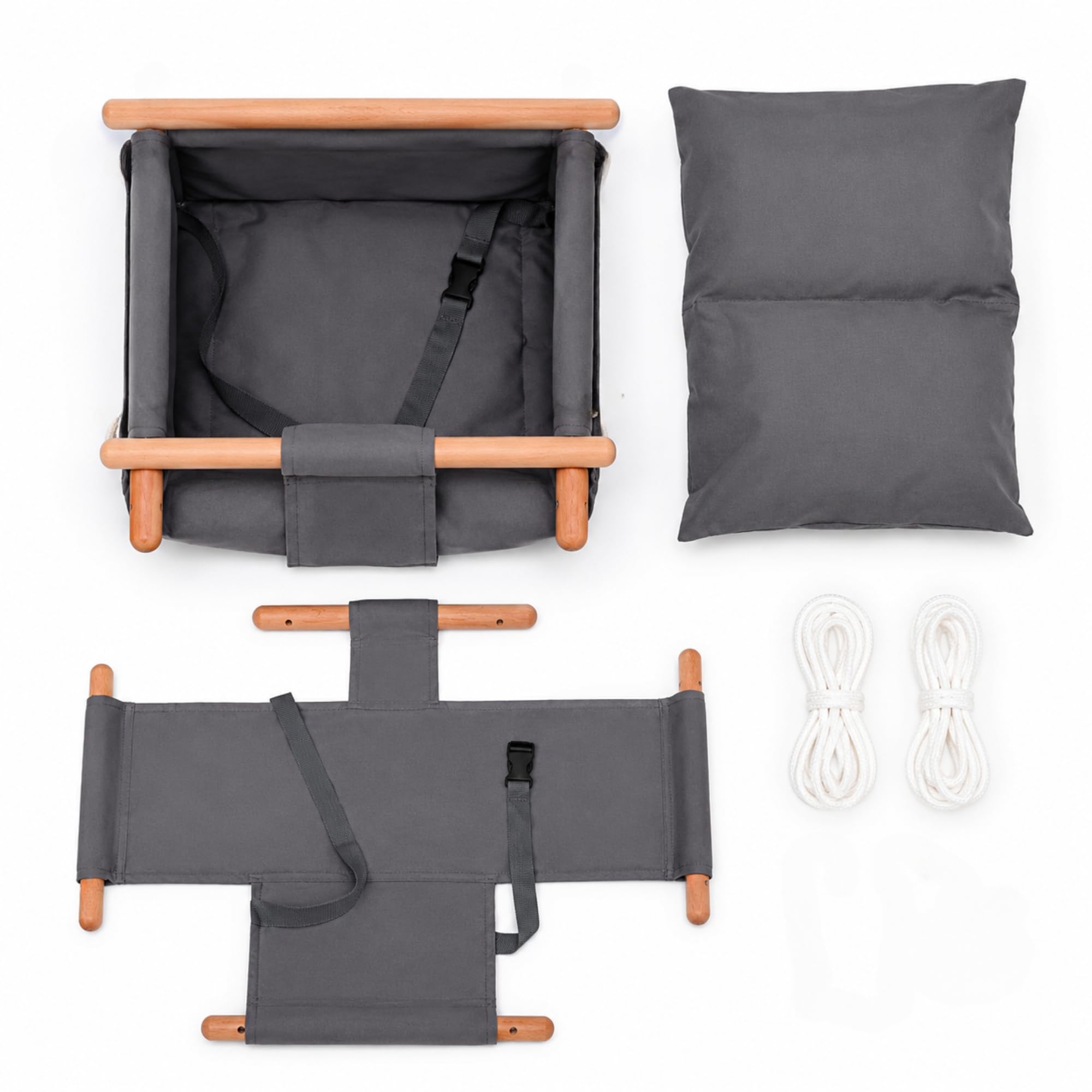 Altalena per Neonati e Bambini - Altalena da Interno in 100% Cotone e Legno di Faggio - Cintura di Sicurezza - Regolabile in Altezza - fino a 30 kg - Cuscino Grigio