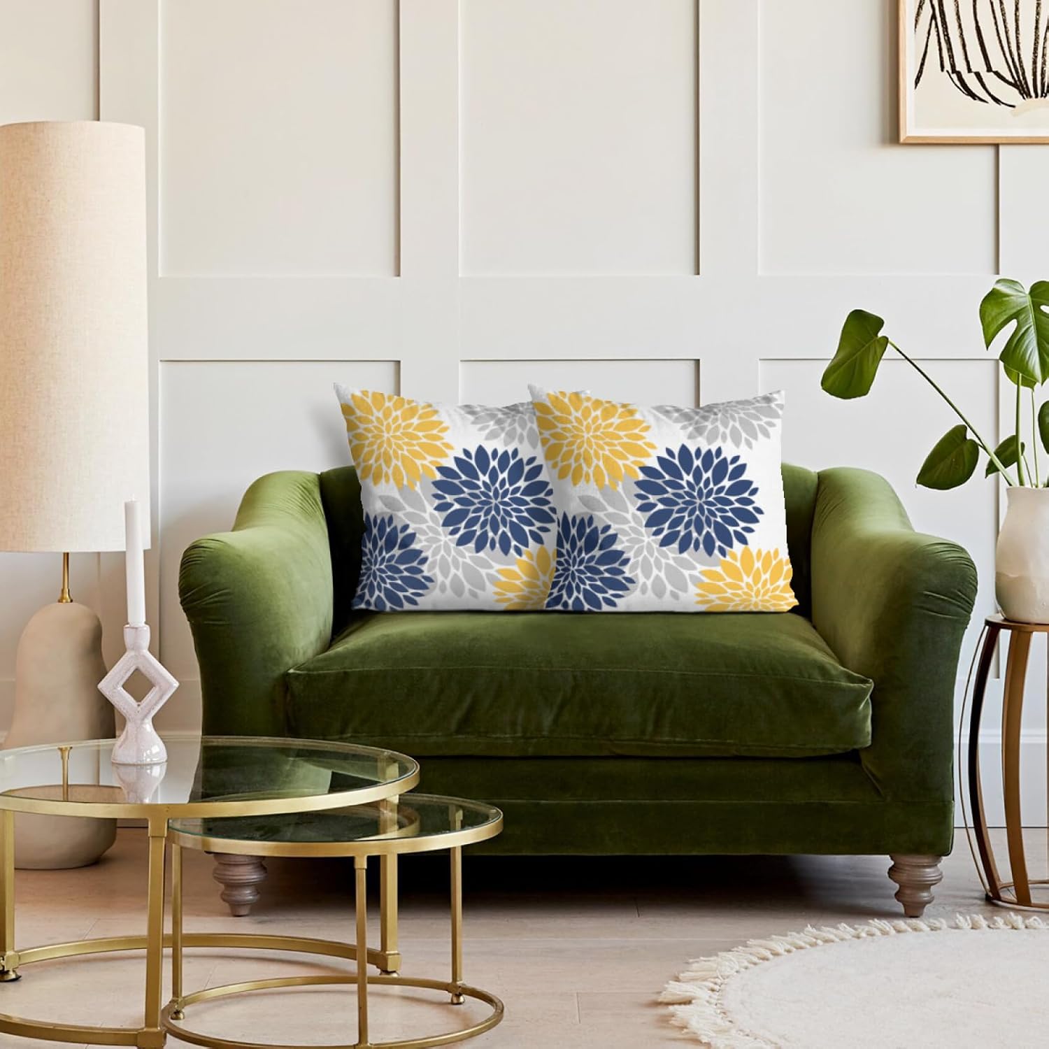 Navy Blue Yellow Pillow Covers 18x18 Inch 2 Pcs, Spring Summer Geometric Elegant Dahlia Decorative Throw Pillows, Flower Outdoor Decor Pillowcase Linen Square Cushion Cover Gift for Patio Couch Sofa