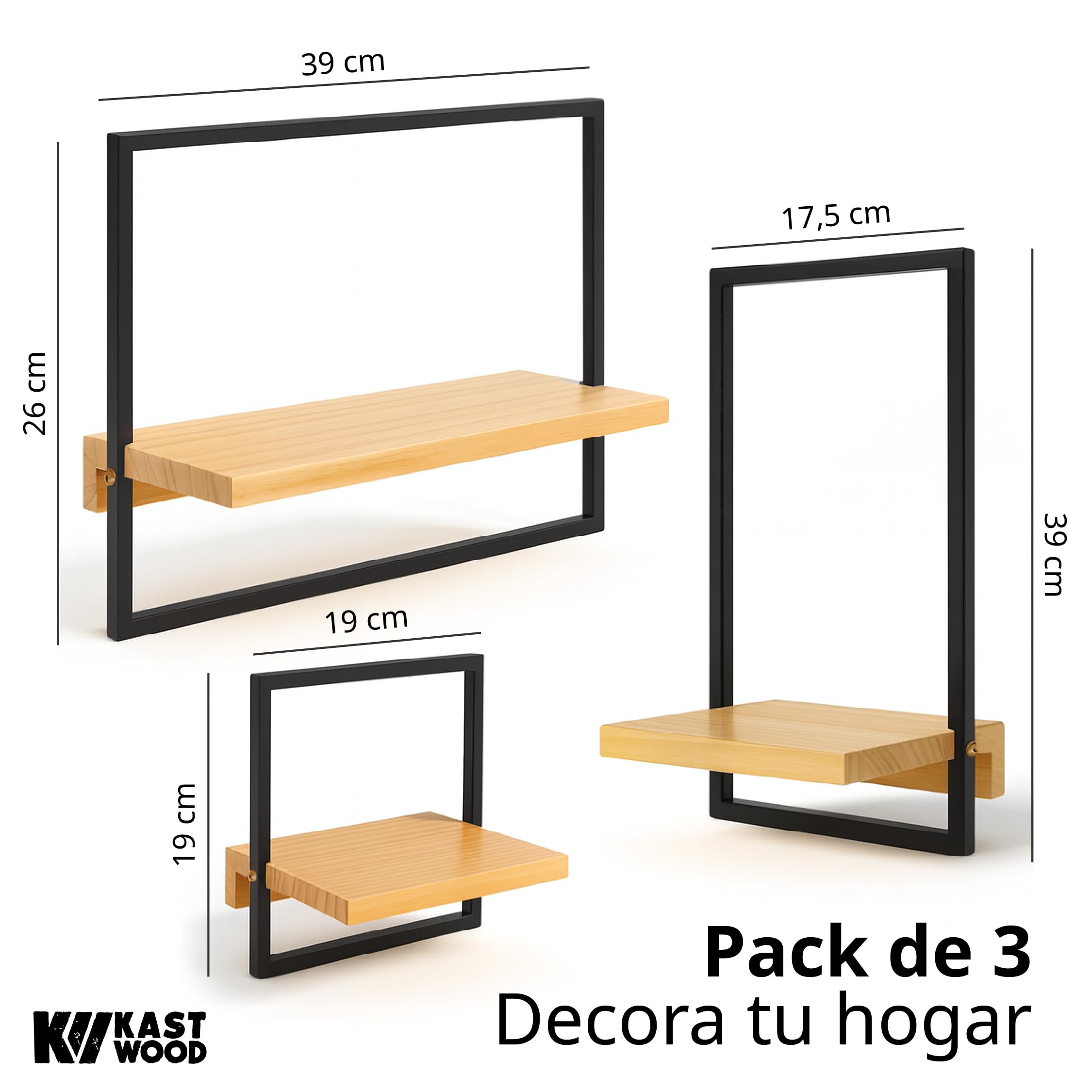 Kastwood Estantería de Pared de Madera – Set 3 Baldas Flotantes Pared y Repisas Decorativas para Salón, Baño y Dormitorio – Estanterías de Pared en Madera Natural con Marco Metálico Decorativo