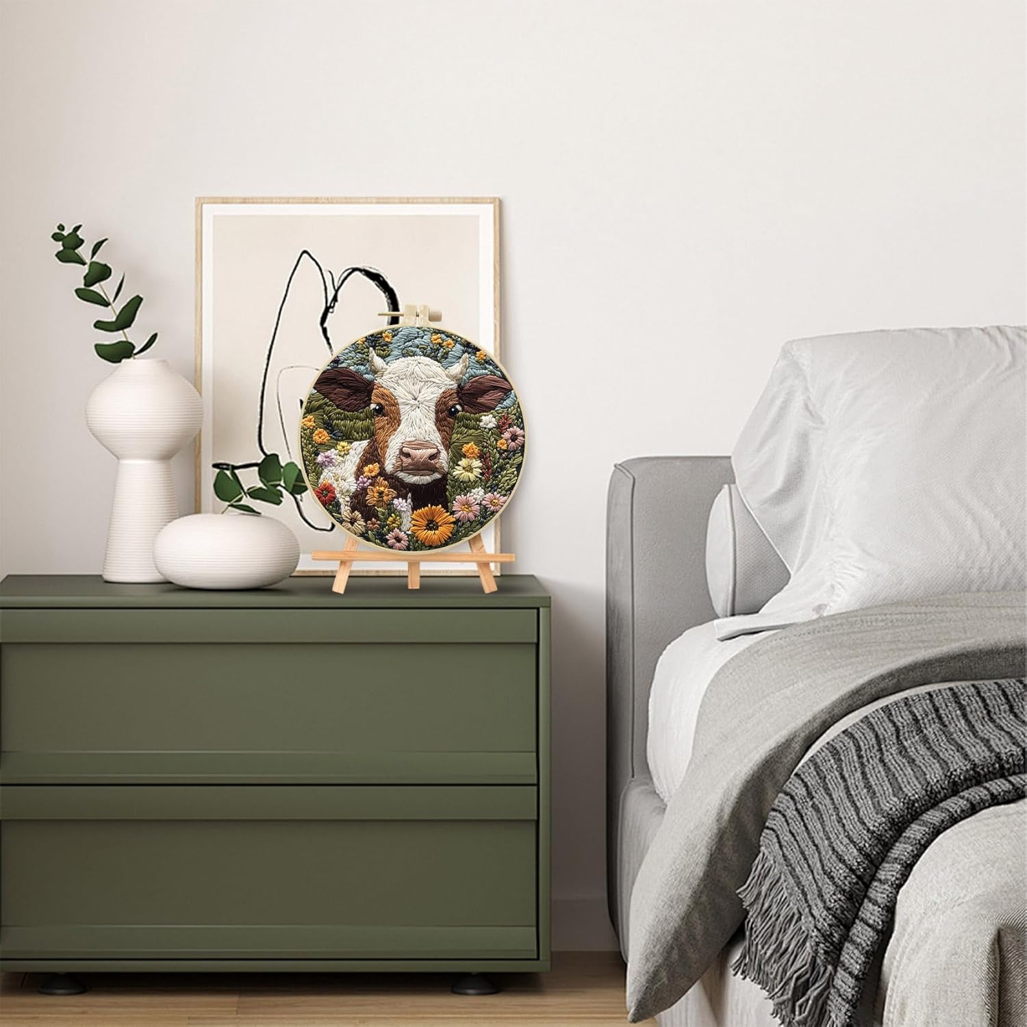 LB 4 Pack Farmhouse Cow Embroidery Kit for Beginners Rustic Floral Plant Beginner Embroidery Kit for Adults DIY Starter Kit with Embroidery Hoop Colorful Threads Tools and Instructions