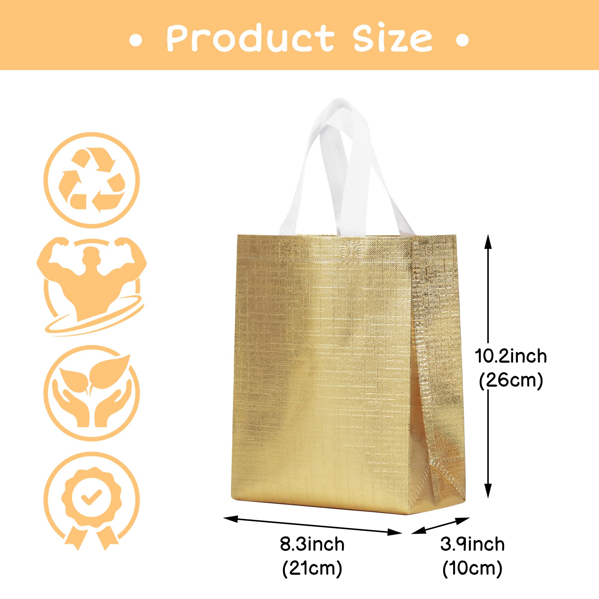 cabzymx Gold Small Reusable Gift Bags with Metallic Design, 25 Pcs Return Gift Bag Bulk for Wrapping Gifts, Birthday, Wedding, Parties-10.2x3.9x8.3 In