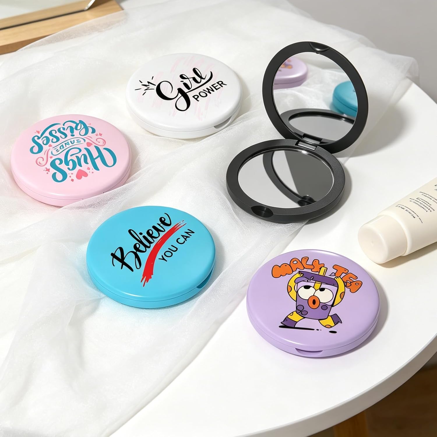 Custom Portable Compact Mirror, Personalized Makeup Mirror with Double Sided Glass, Print Photo, Logo and Text on Both Sides, Pocket Mirror for Travel, Purse, Bridesmaid Gift 10-100 Pcs (White)